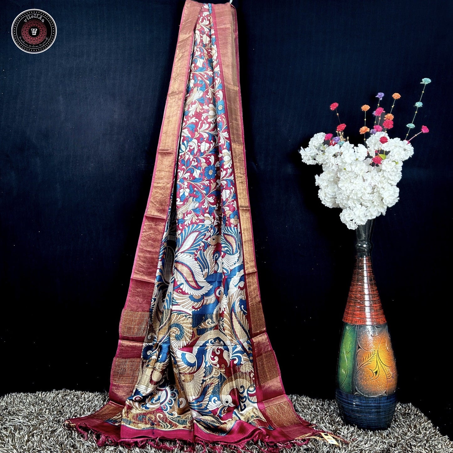 Pure Bishnupuri Gachi Tussar 3 Ply silk sarees with Hand Kalamkari and silk mark certificate