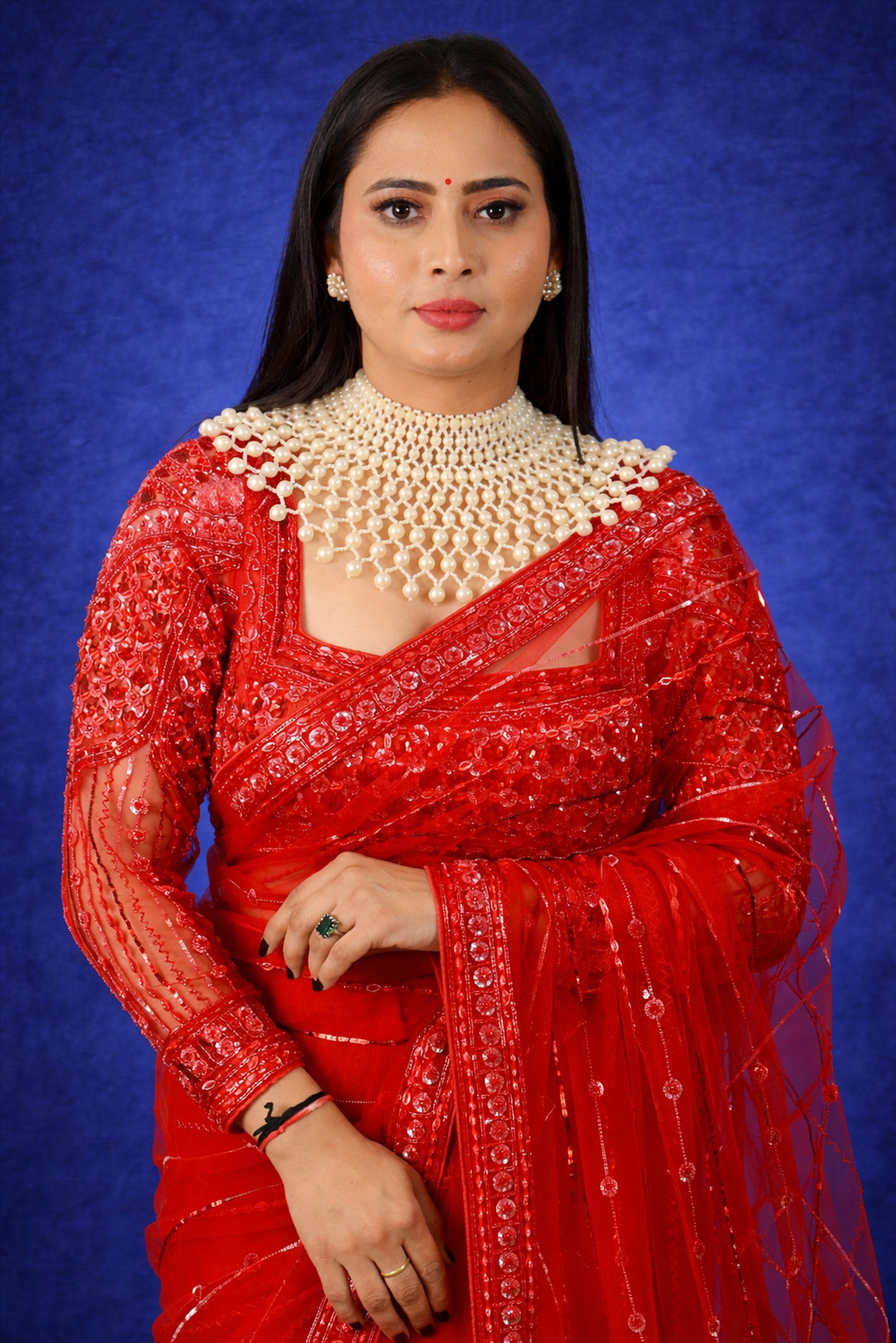 Exclusive Designer Red Net saree with full sleeve ready blouse