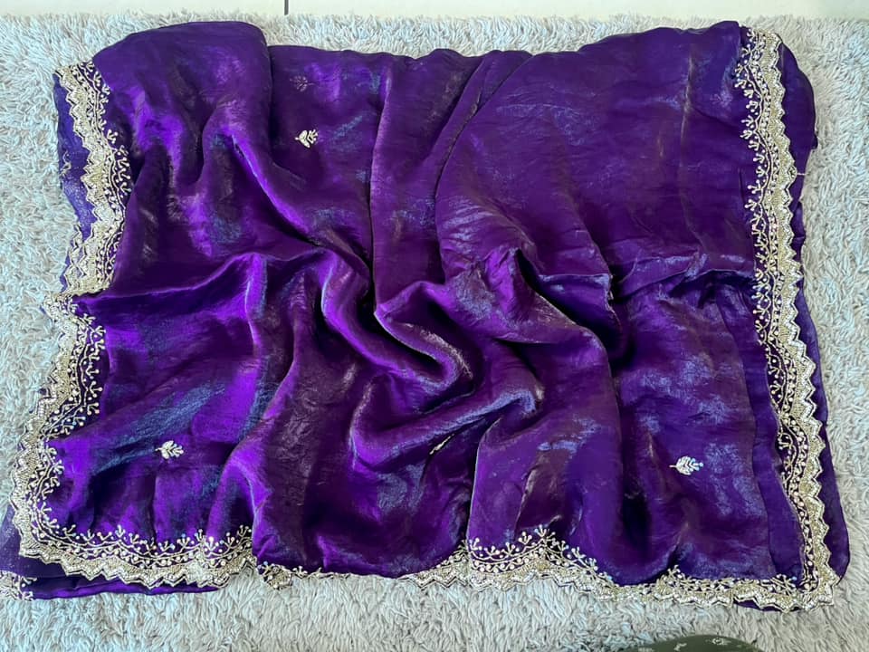 Hand worked fendy satin sarees with slick border