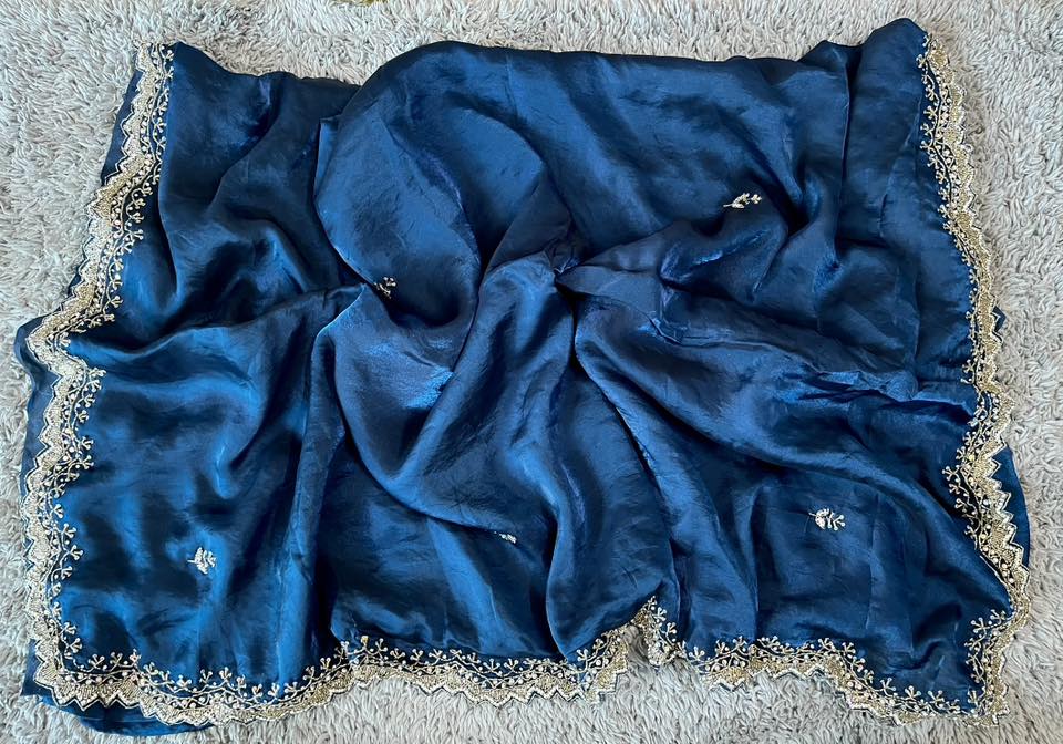 Hand worked fendy satin sarees with slick border