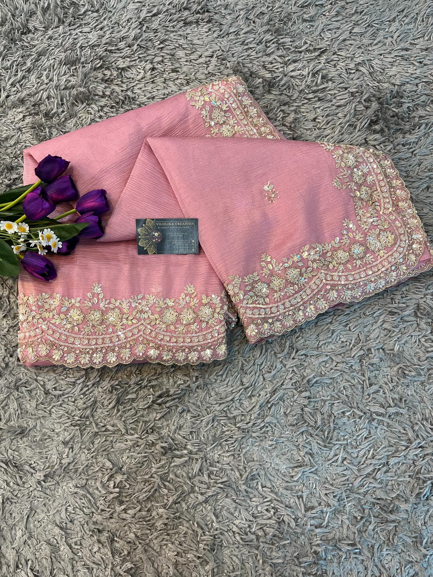 Exclusive handworked pure crush tissue saree