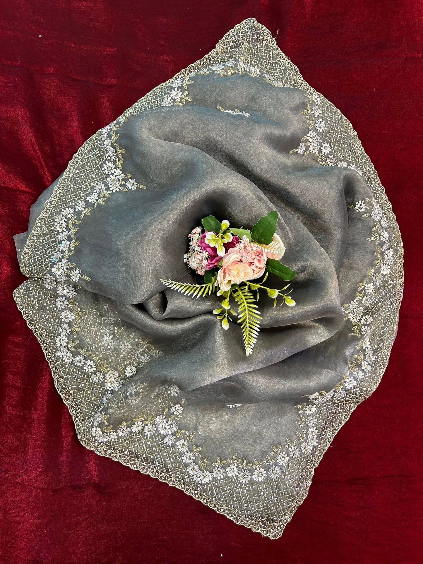 Handworked Tissue organza saree in triangle motif