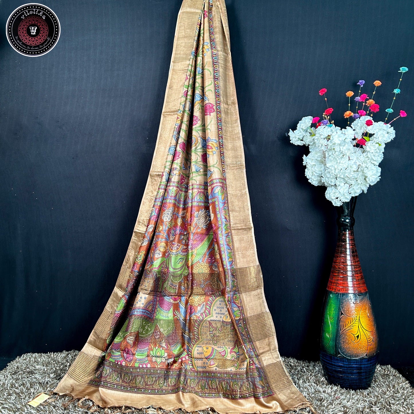 Pure Bishnupuri Gachi Tussar 3 Ply silk sarees with Hand Kalamkari and silk mark certificate