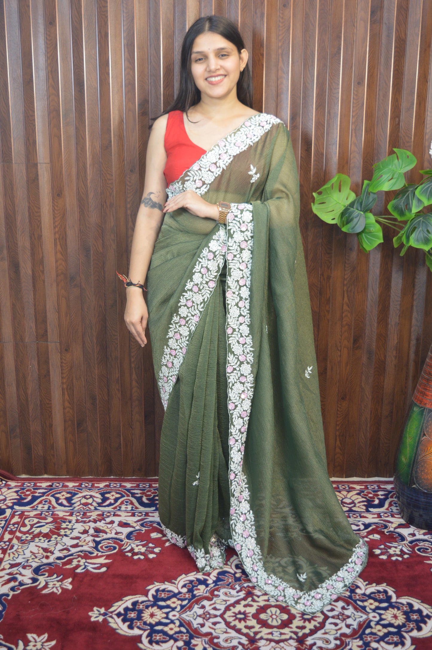 Handworked Pure Crush Tissue sarees with pearl border