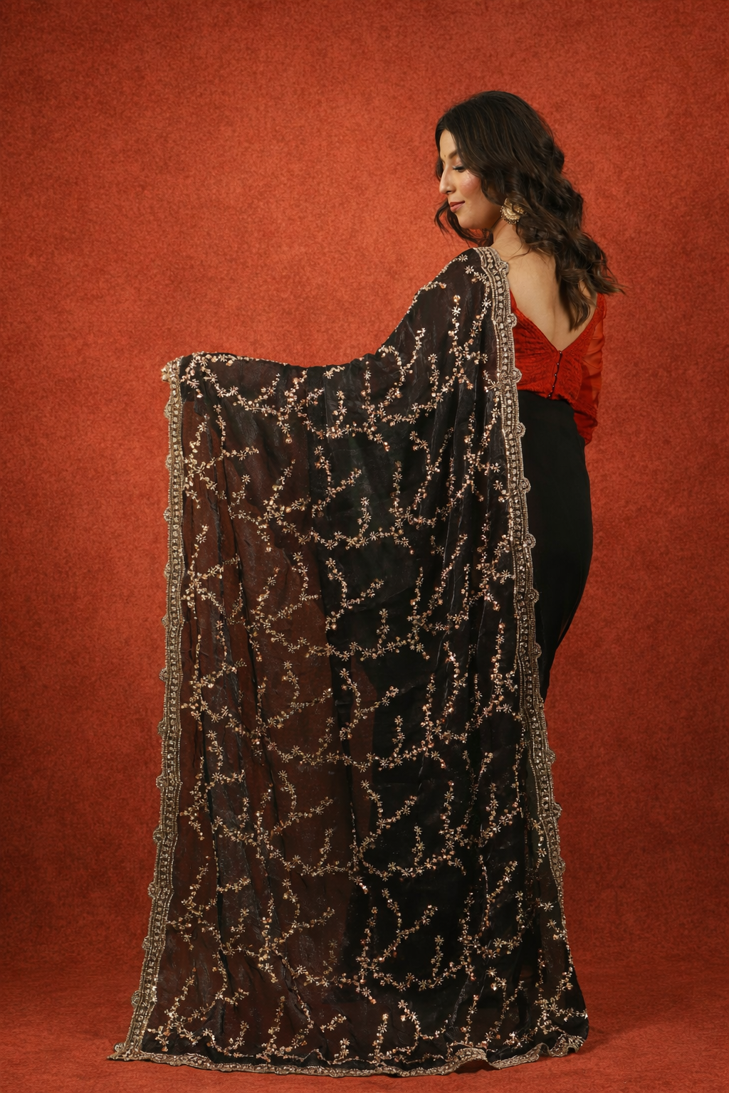 Sitara Fendy Satin Saree in slick border with heavy full sleeve blouse piece