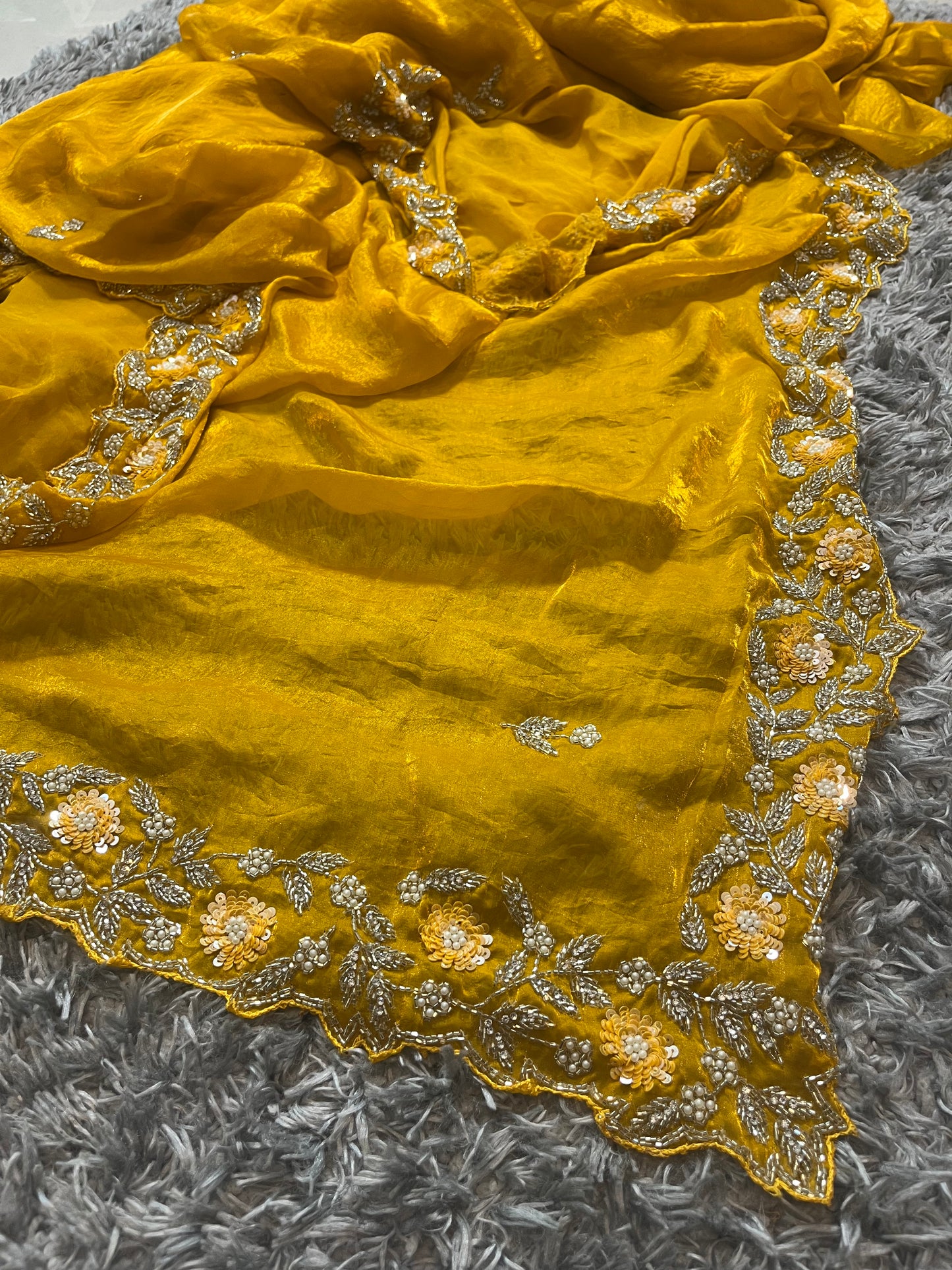 Handworked Fendy satin sarees in heavy flower border