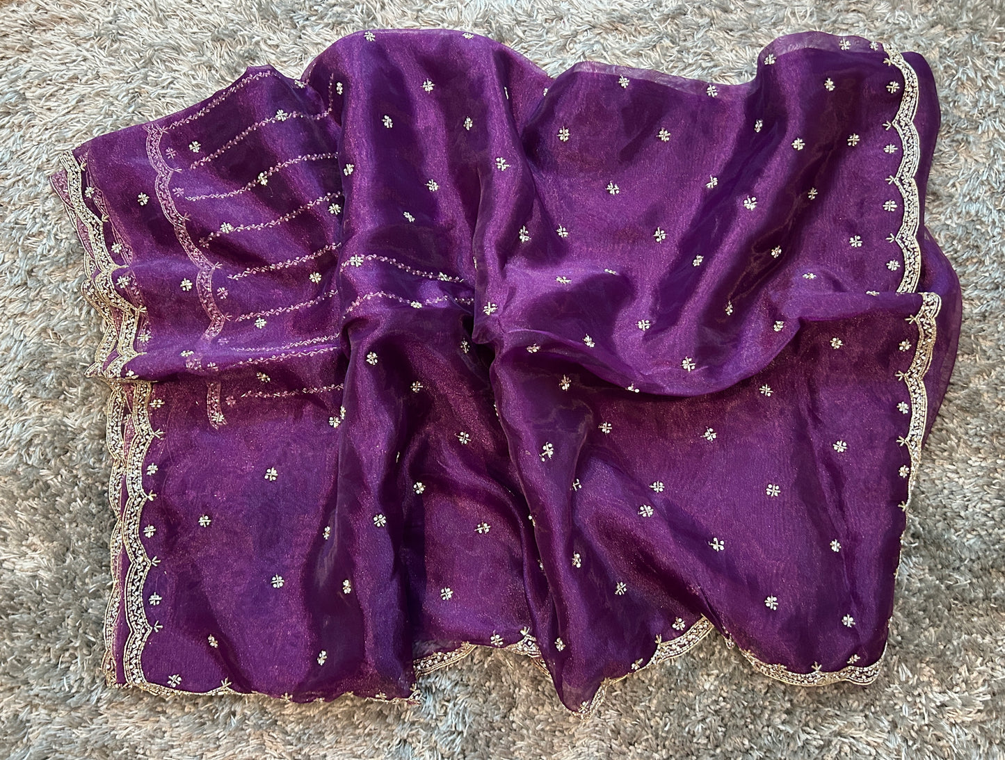 Hand worked tissue organza sarees with allover floral butta