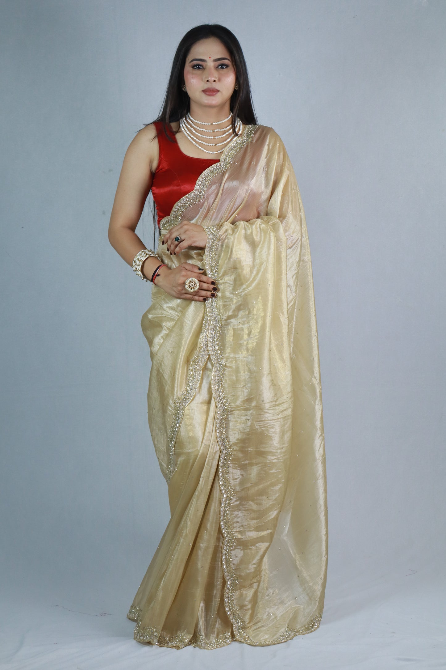 Golden Special Handworked Crush Tissue Silk Saree