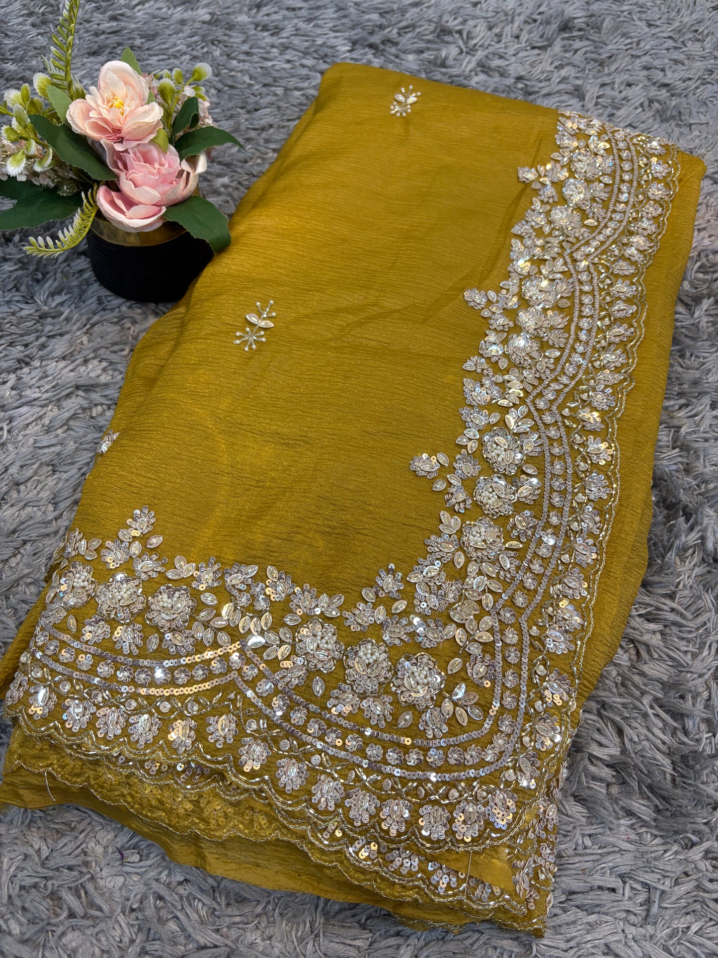 Exclusive handworked pure crush tissue saree