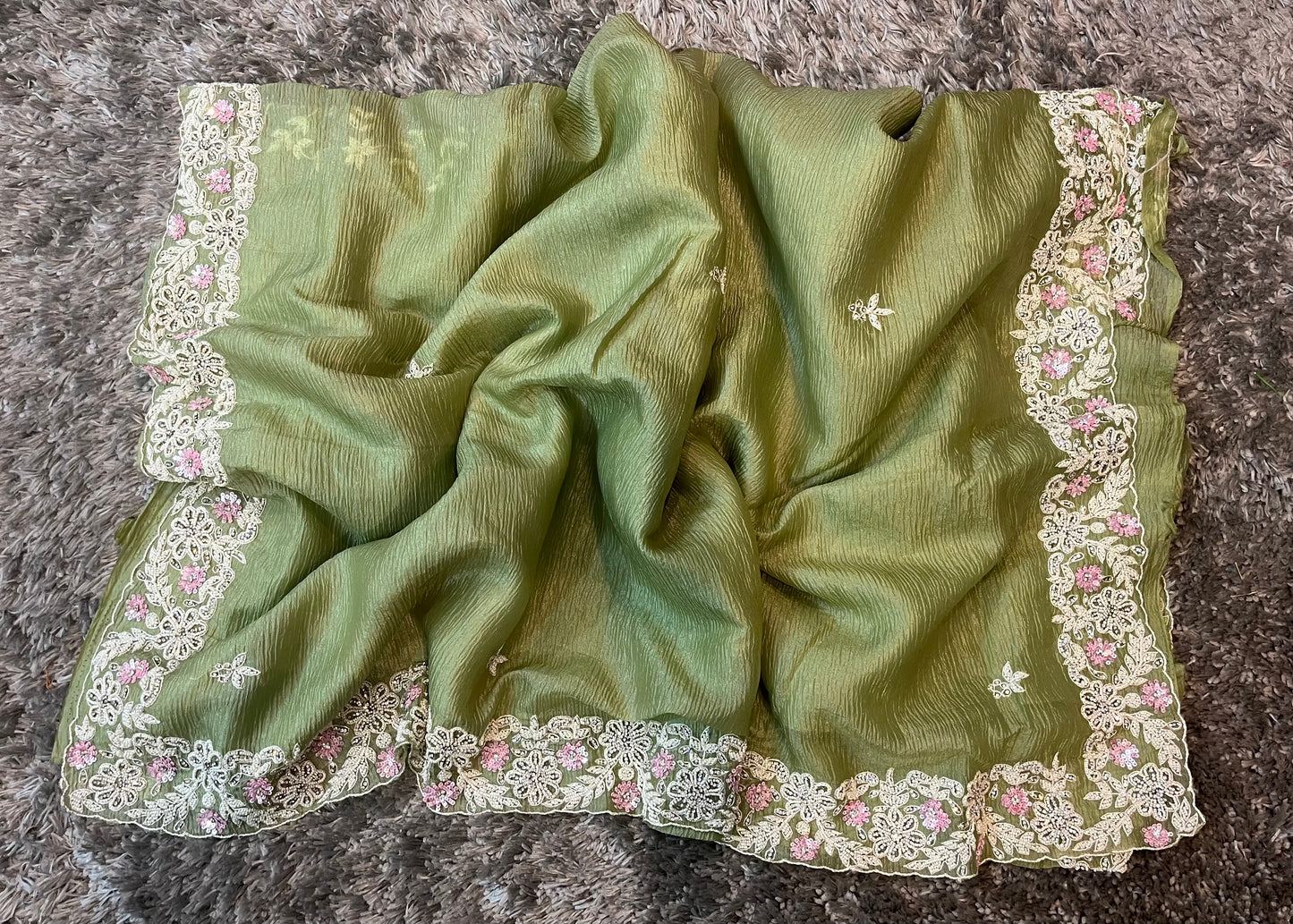 Handworked Pure Crush Tissue sarees with pearl border
