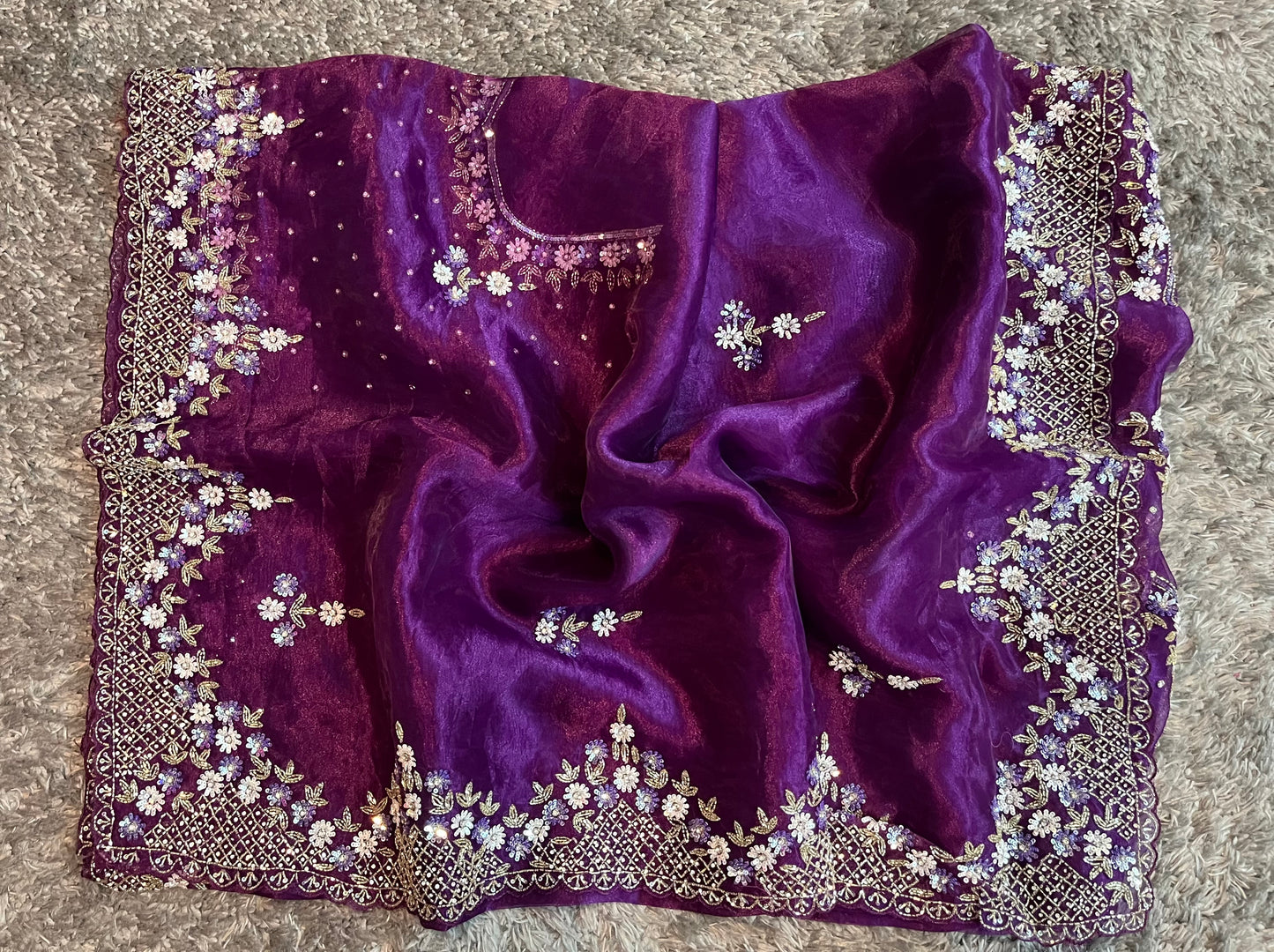 Handworked Tissue organza saree in triangle motif