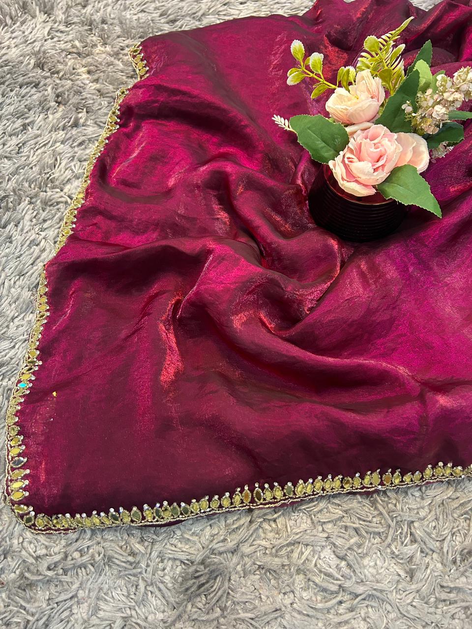 Kajal Velvet Satin Saree with Real Mirror, Cutdana & Zircon Stone Work