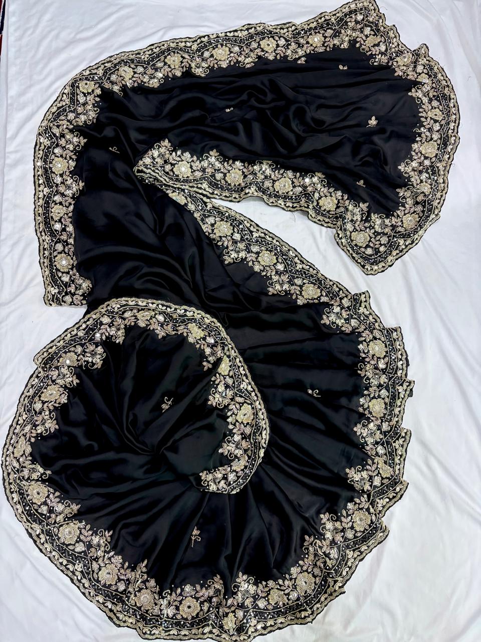 tulip handwork premium satin saree