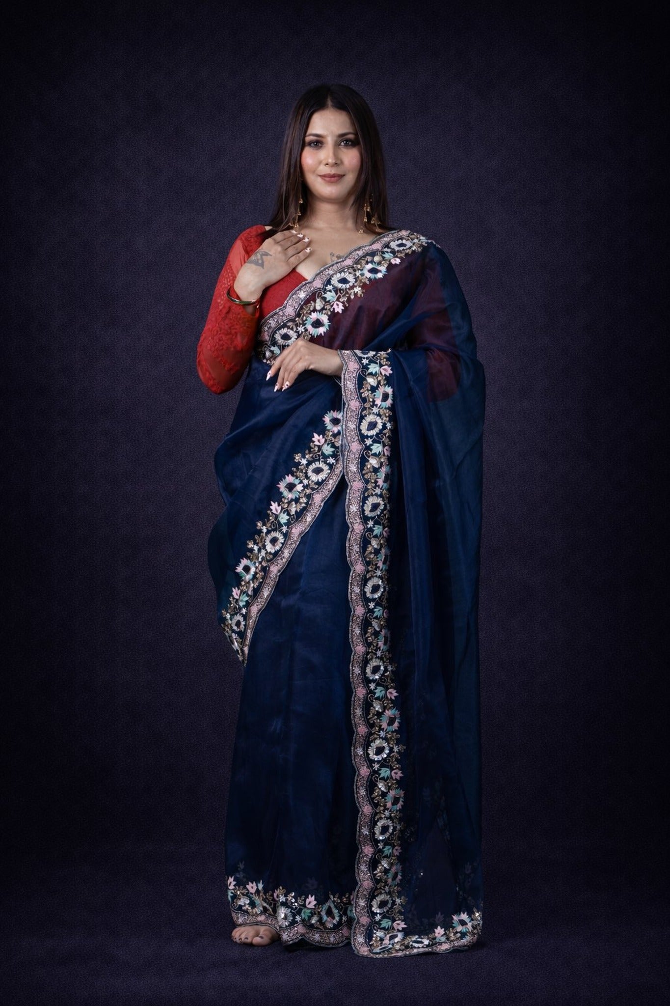 Exclusive sunflower tissue organza saree in handwork