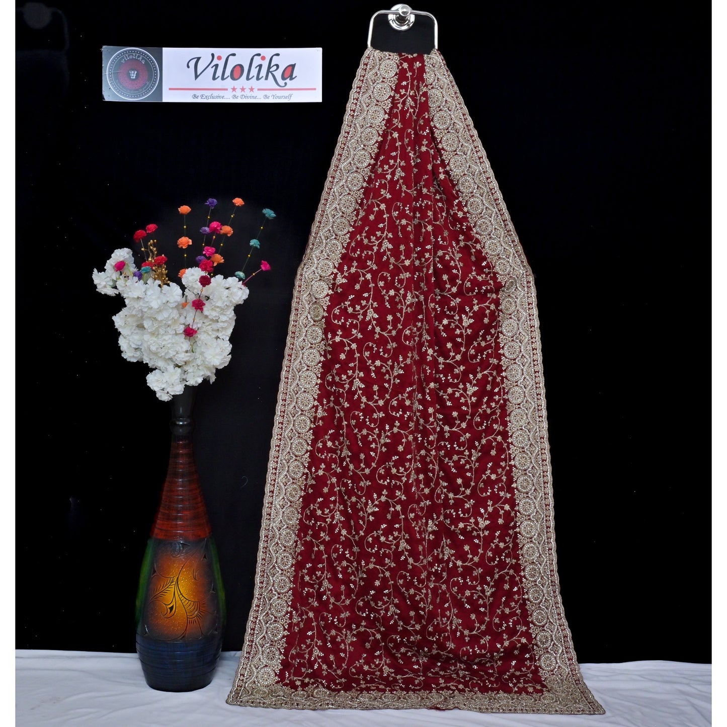 Exclusive Bridal Designer Satin Saree with allover jari and stone work