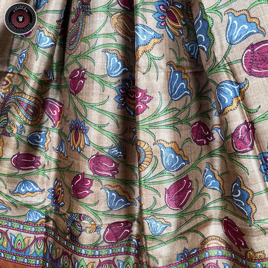 Pure Bishnupuri Gachi Tussar 3 Ply silk sarees with Hand Kalamkari and silk mark certificate