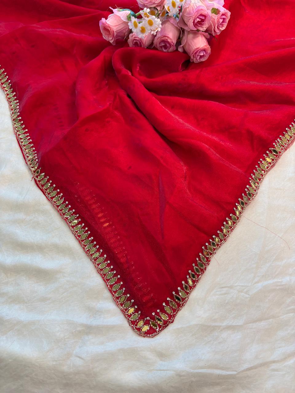 Kajal Fendy Satin Saree with Real Mirror, Cutdana & Zircon Stone Work