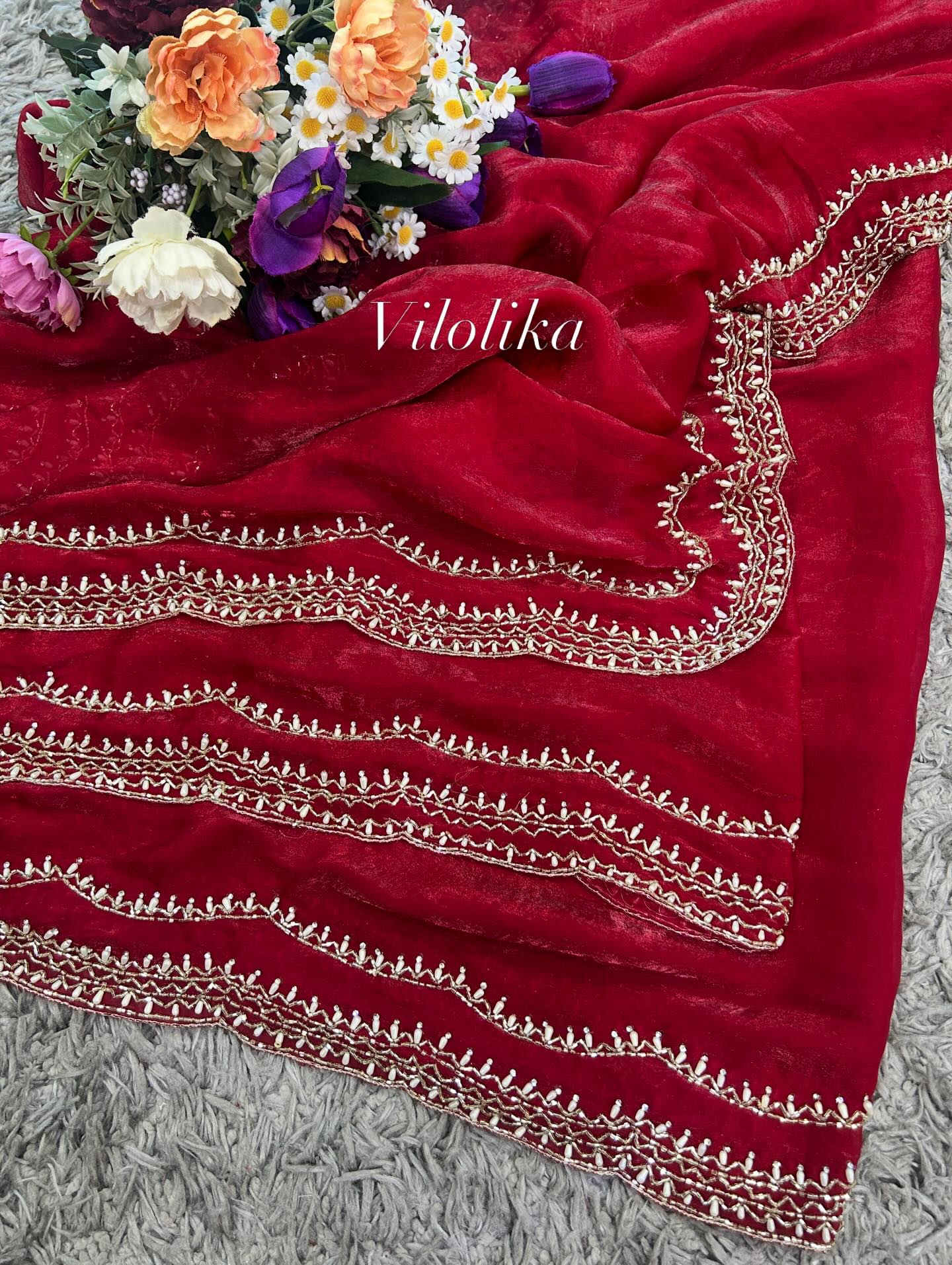 Rosy Handworked Fendy Satin Saree