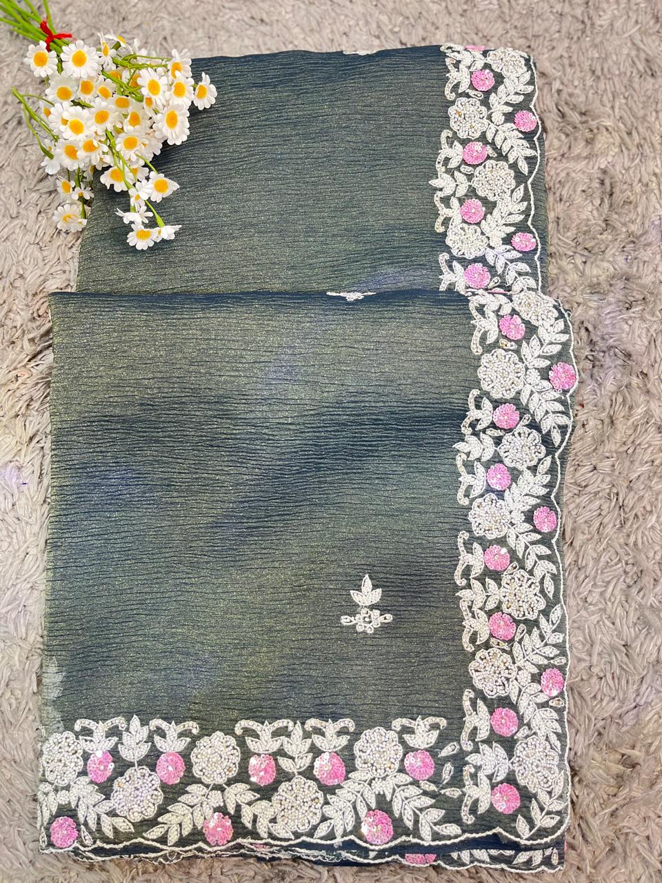 Shrishti Handworked Pure Crush Tissue sarees with pearl border