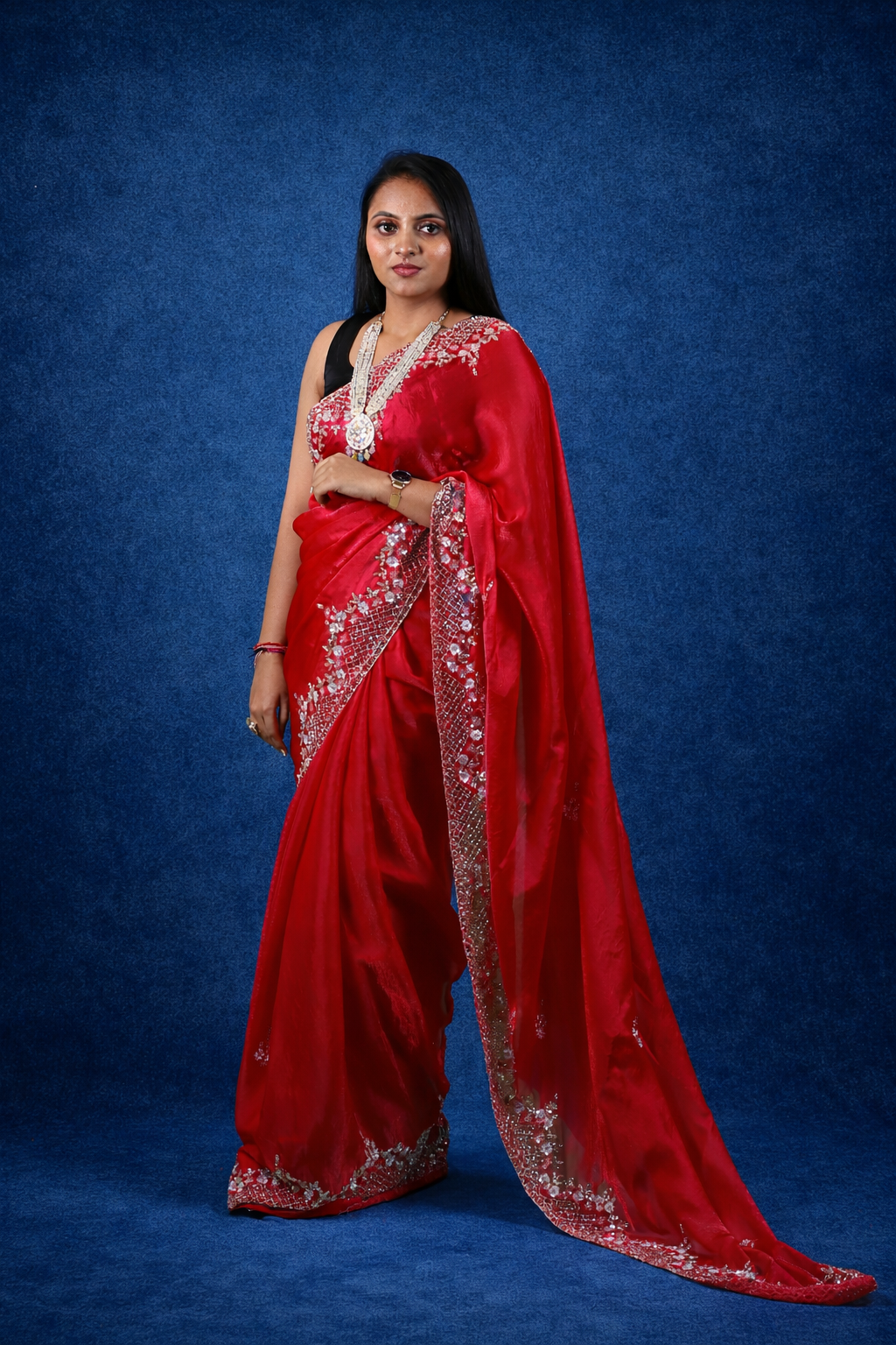 Exclusive Fendy Satin Saree with Hand-worked Triangle Motif