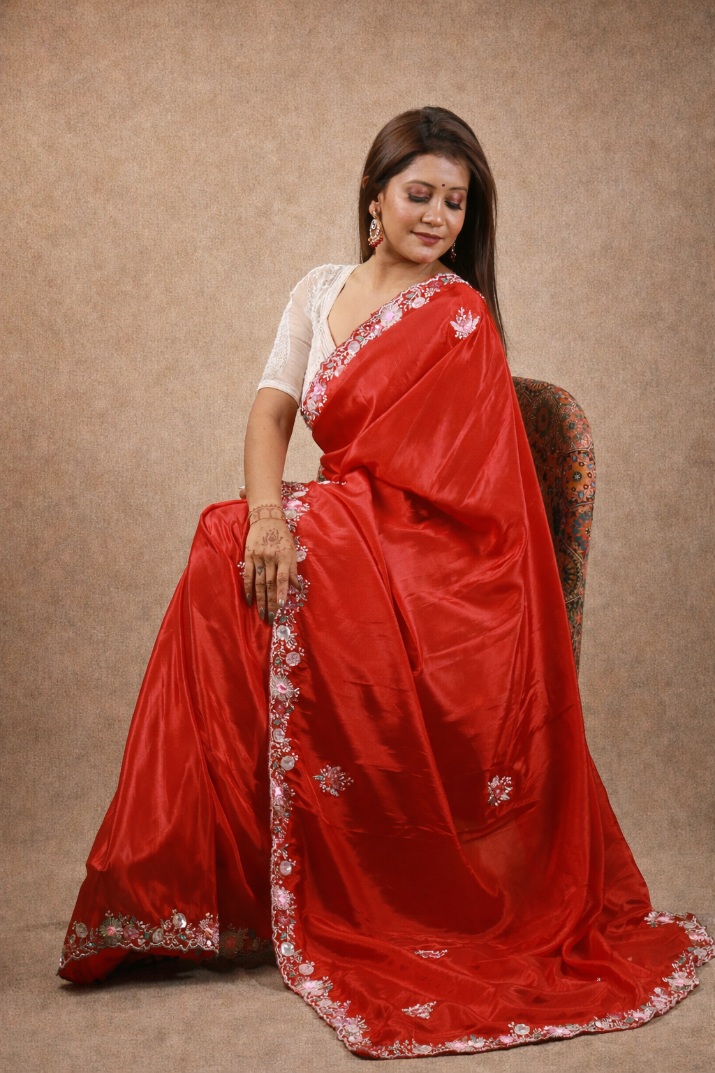 Pure Crape Satin Saree with exclusive handwork and heavy blouse piece