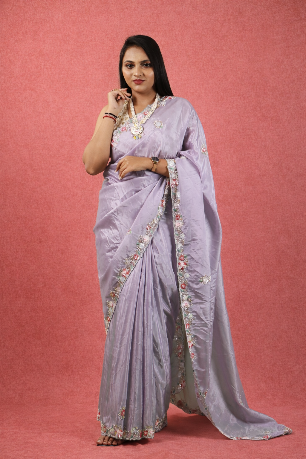 Pure Crape Satin Saree with exclusive handwork and heavy blouse piece