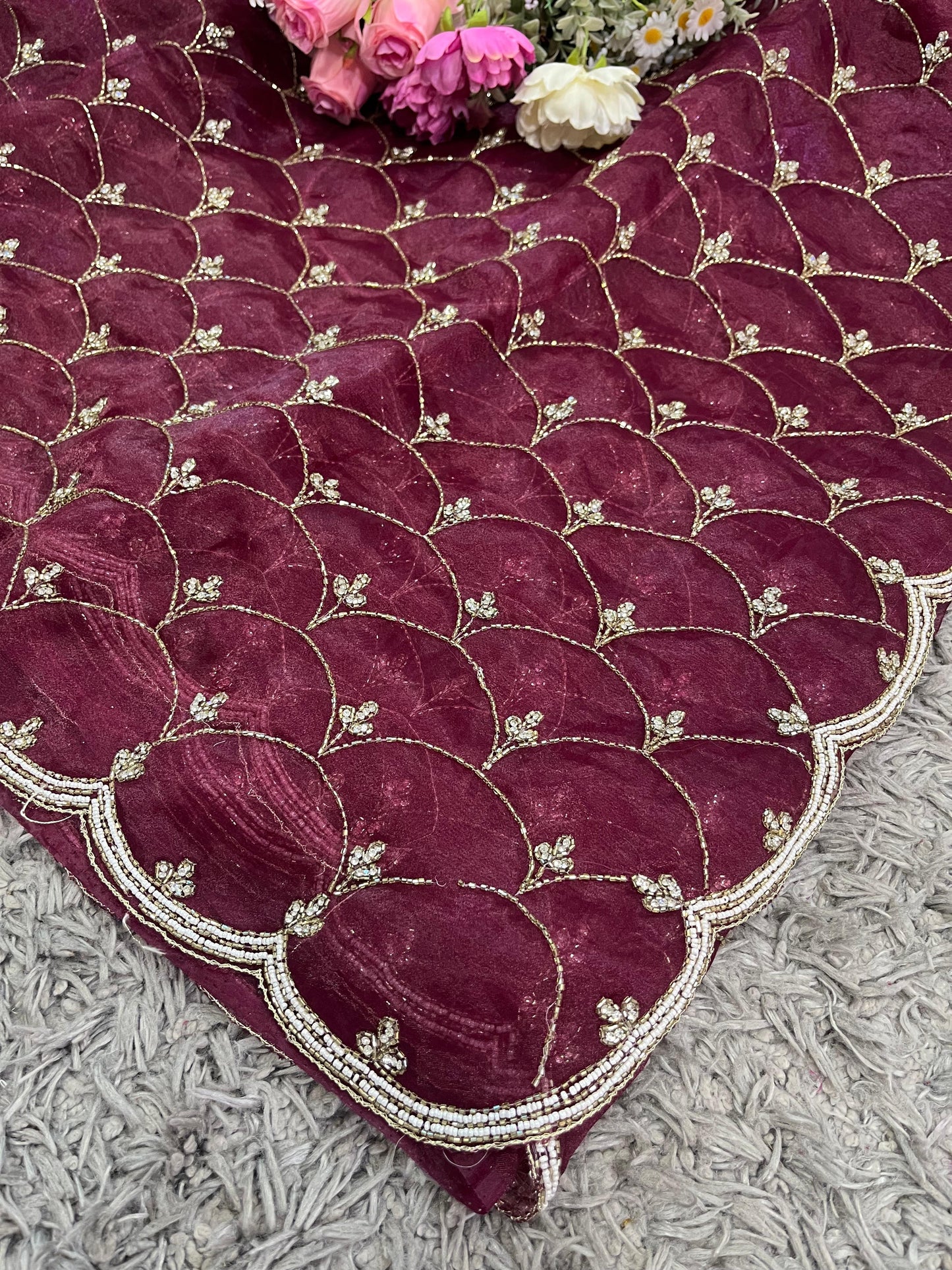 Handworked Tissue organza in fish scale motif