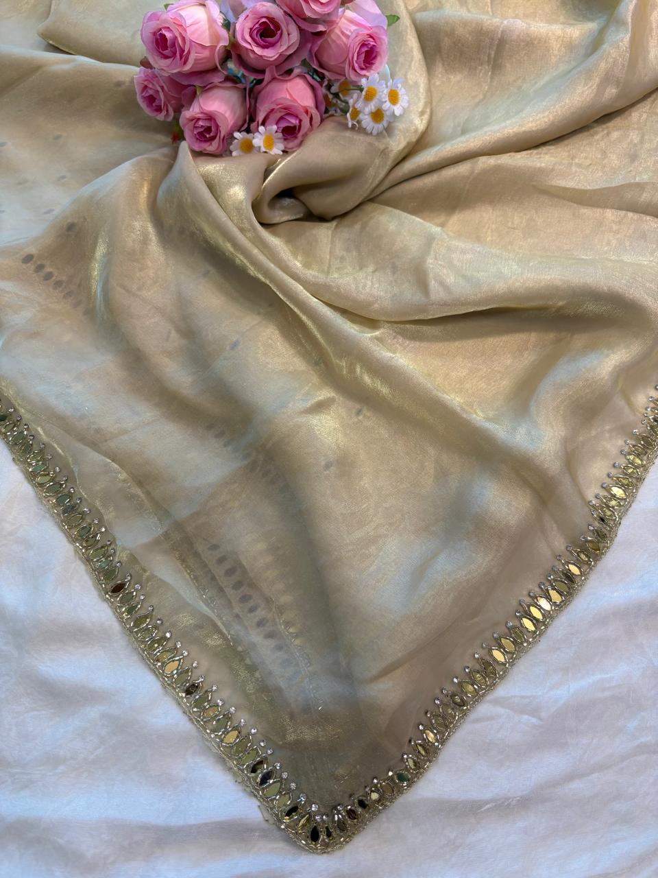 Kajal Fendy Satin Saree with Real Mirror, Cutdana & Zircon Stone Work