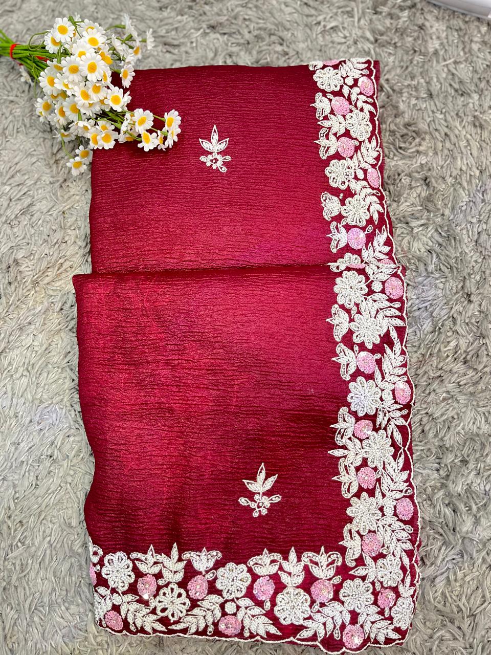 Shrishti Handworked Pure Crush Tissue sarees with pearl border