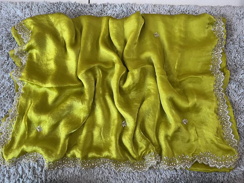 Hand worked fendy satin sarees with slick border