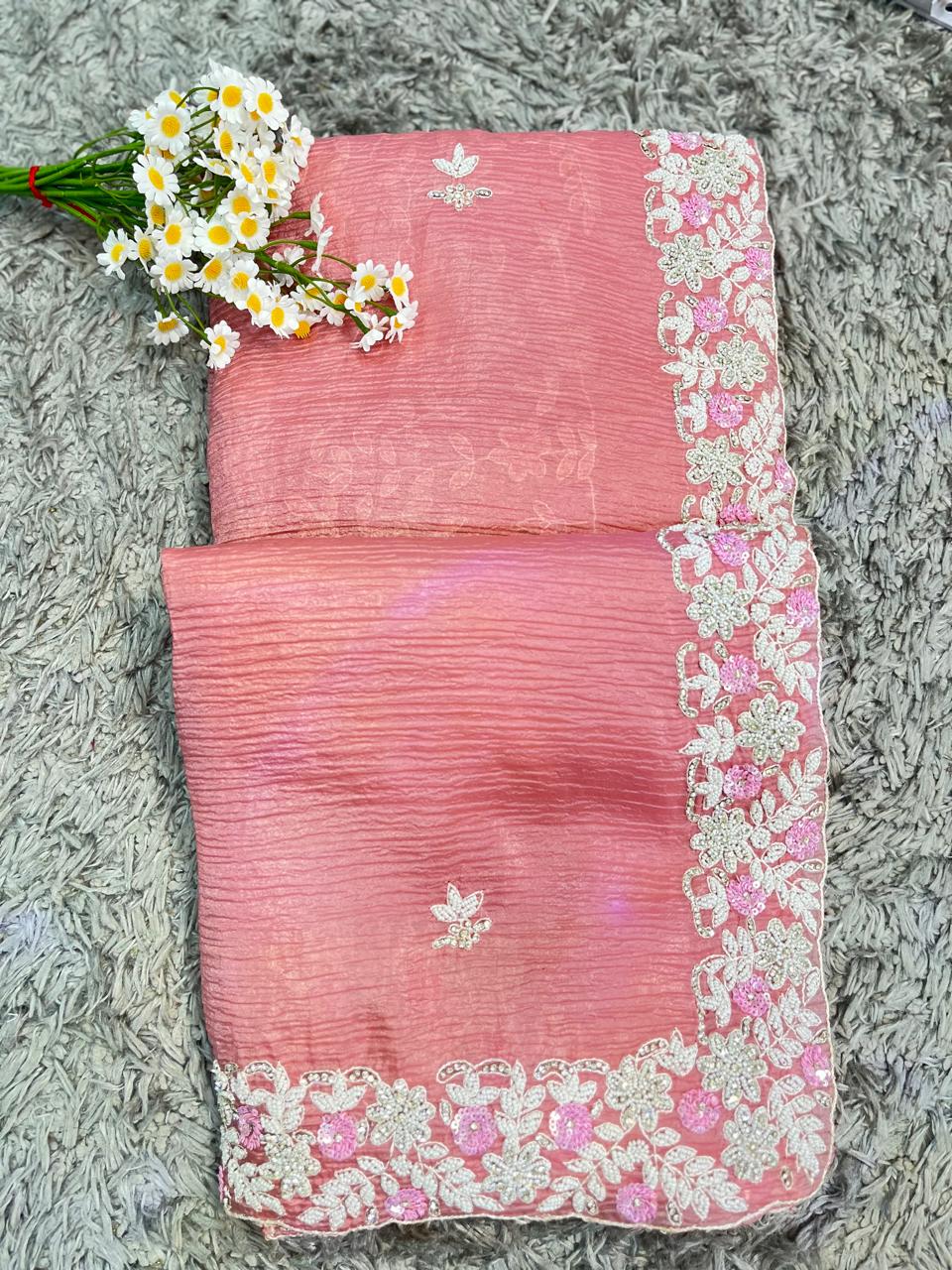 Shrishti Handworked Pure Crush Tissue sarees with pearl border