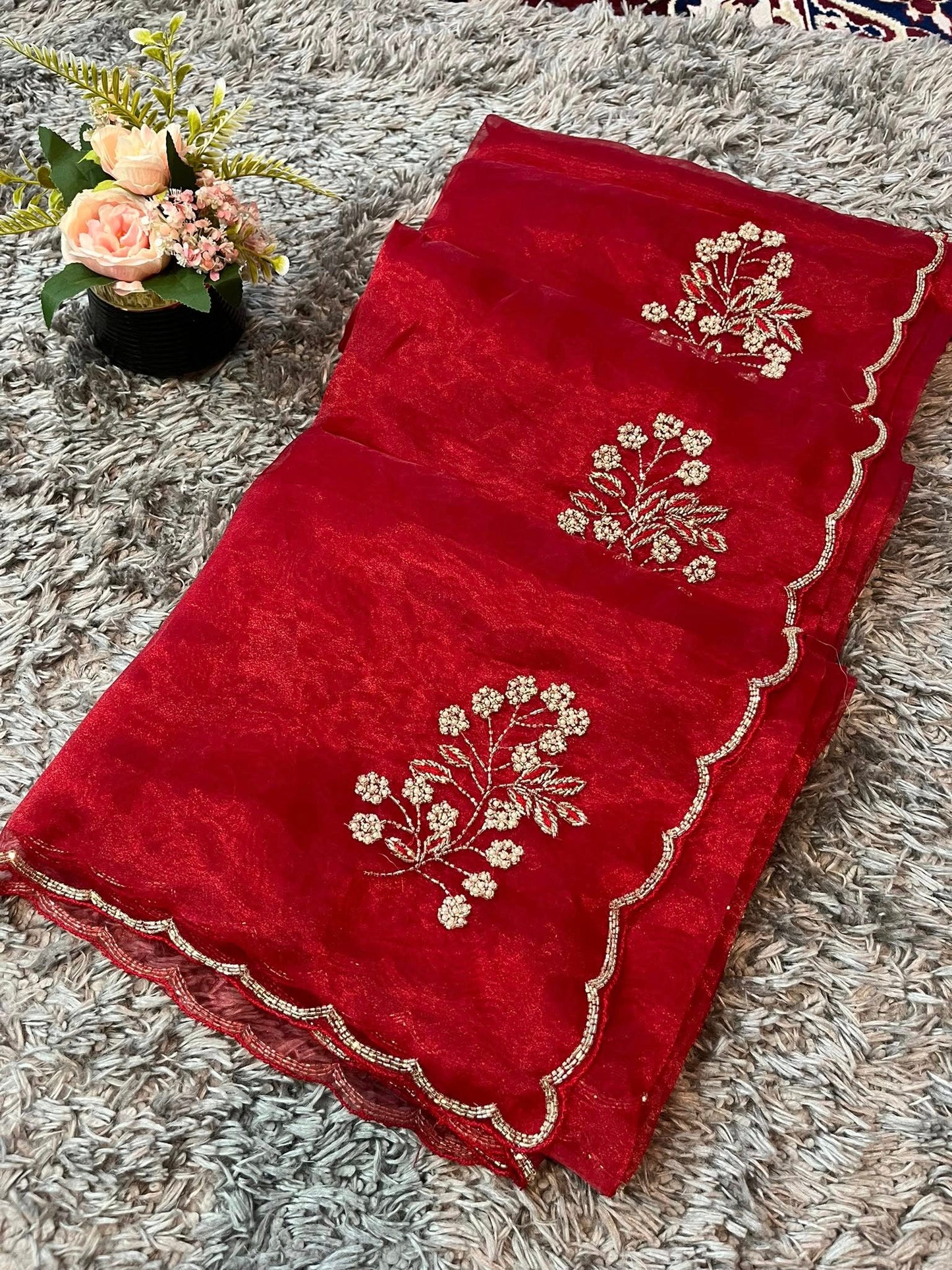 Star tissue organza sarees in big flower motif