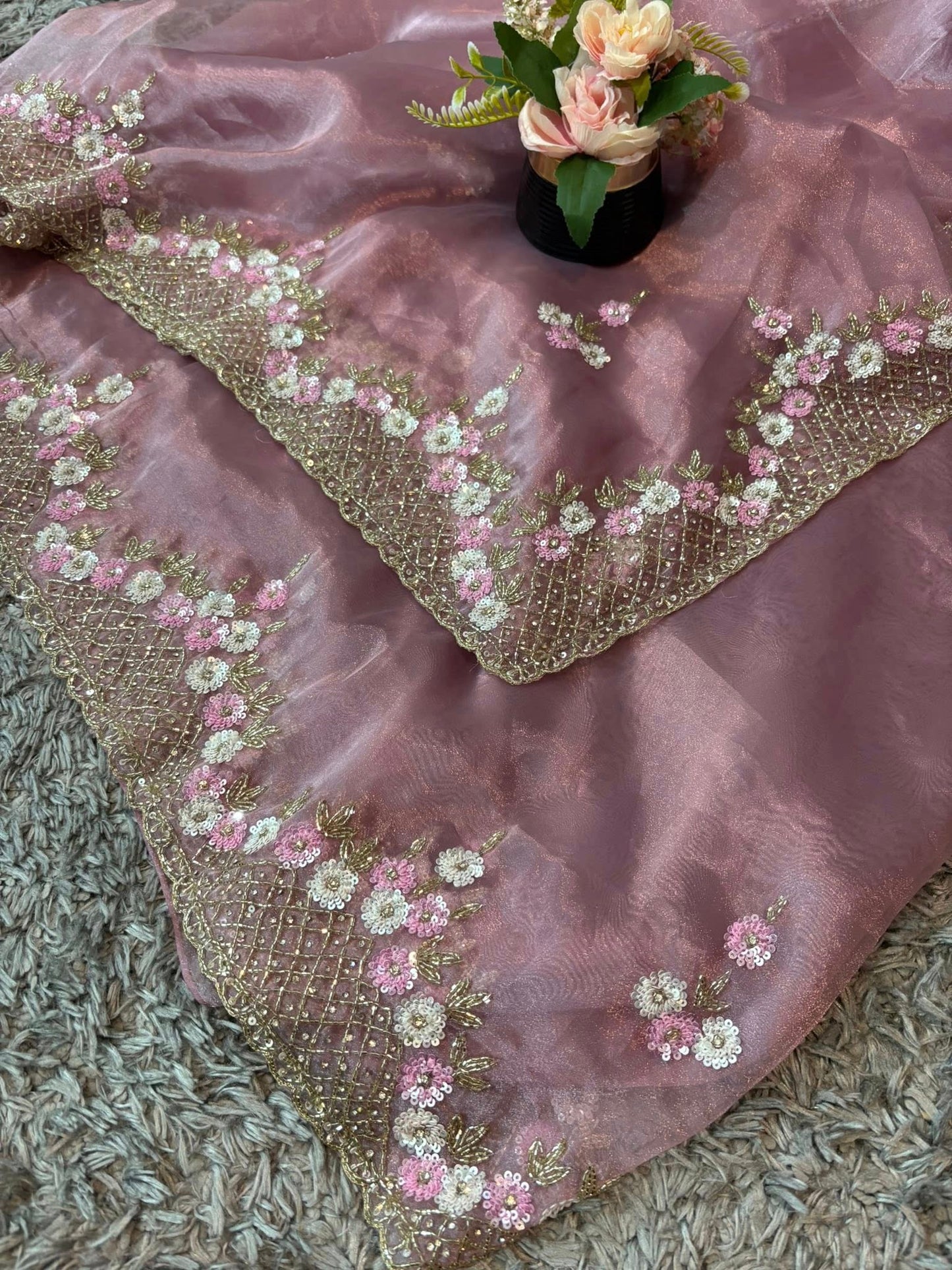 Handworked Tissue organza saree in triangle motif