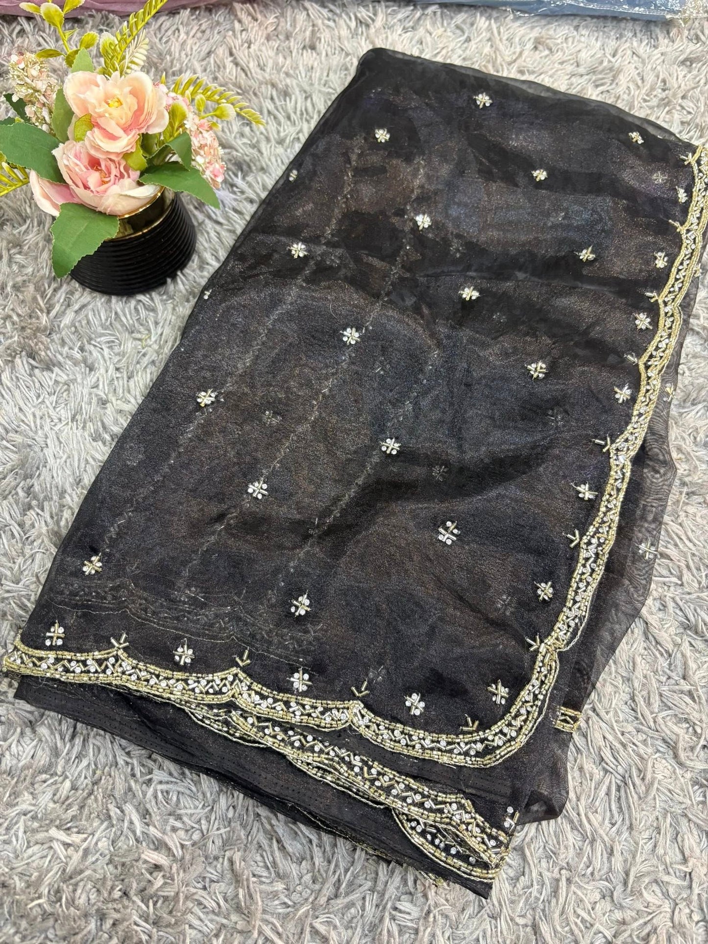 Handworked tissue organza sarees with allover floral butta