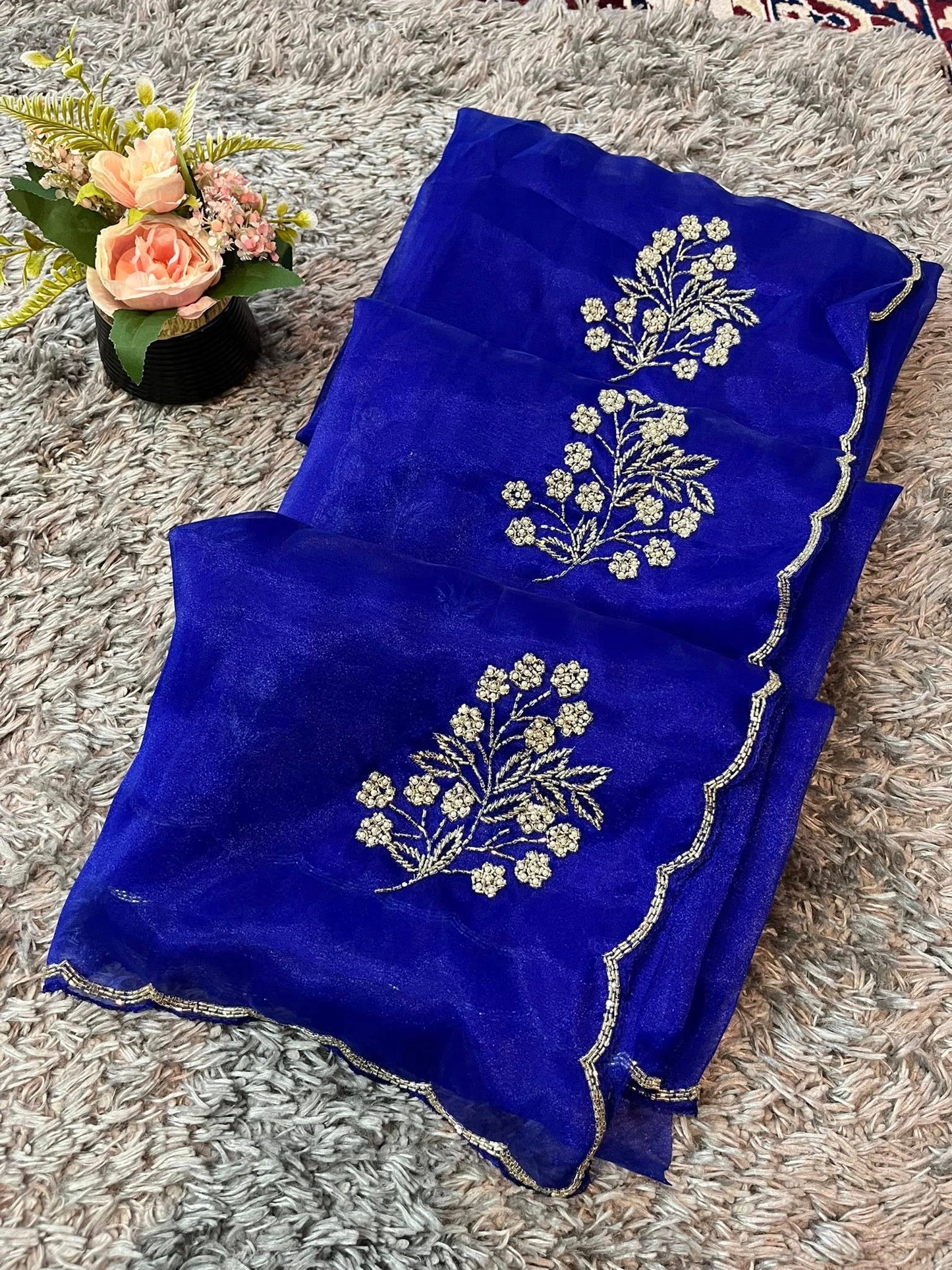 Star tissue organza sarees in big flower motif