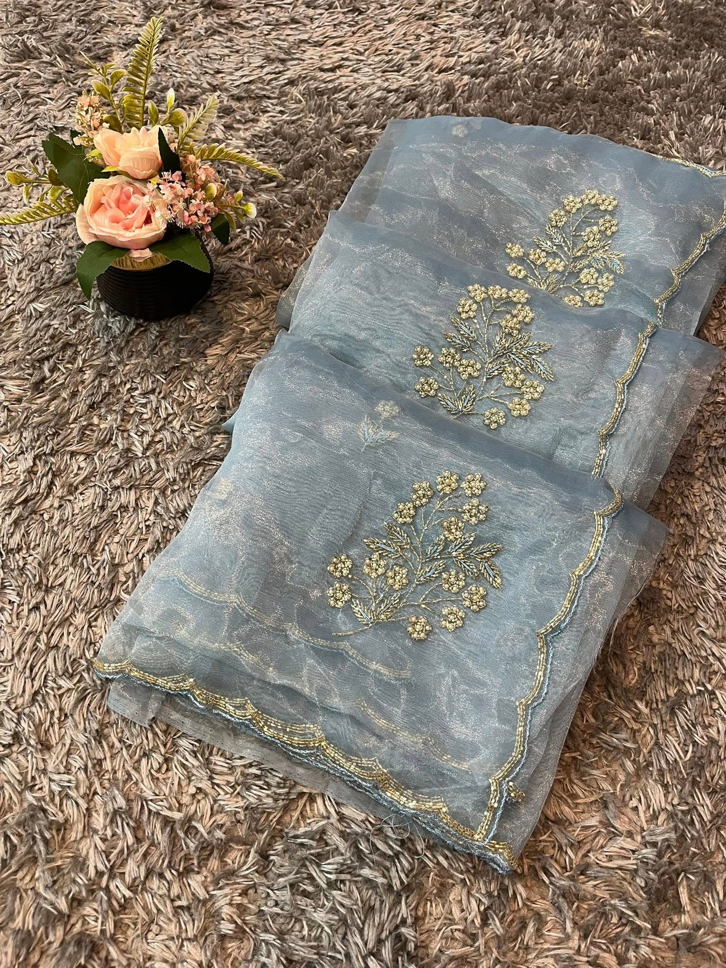 Star tissue organza sarees in big flower motif