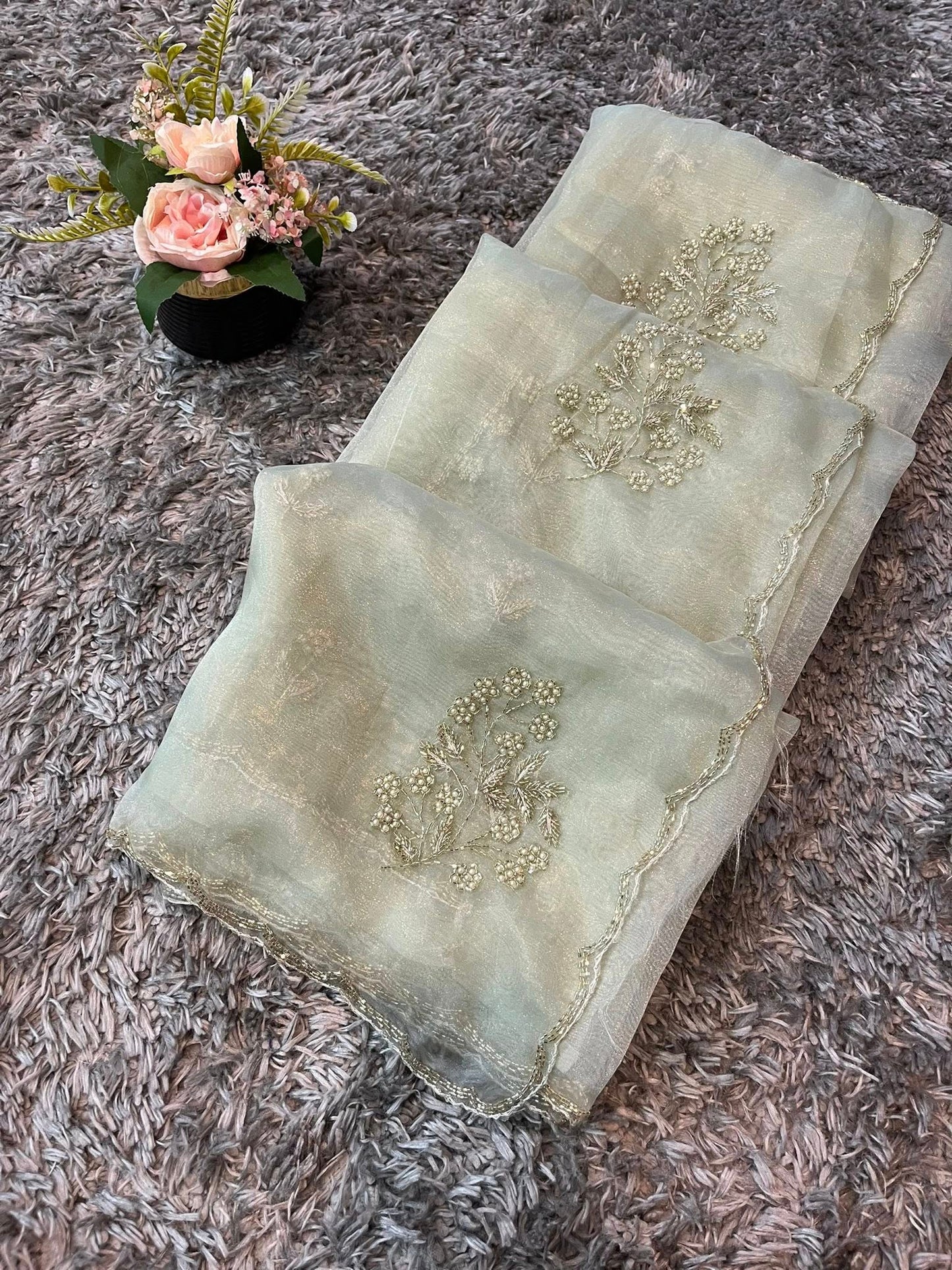 Star tissue organza sarees in big flower motif