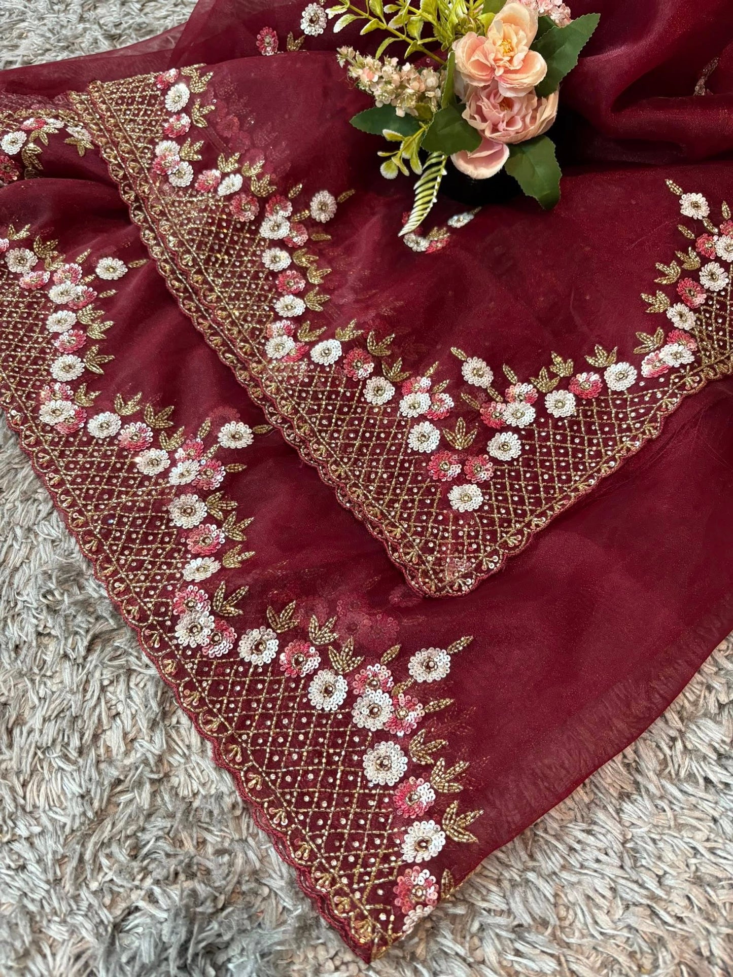 Handworked Tissue organza saree in triangle motif