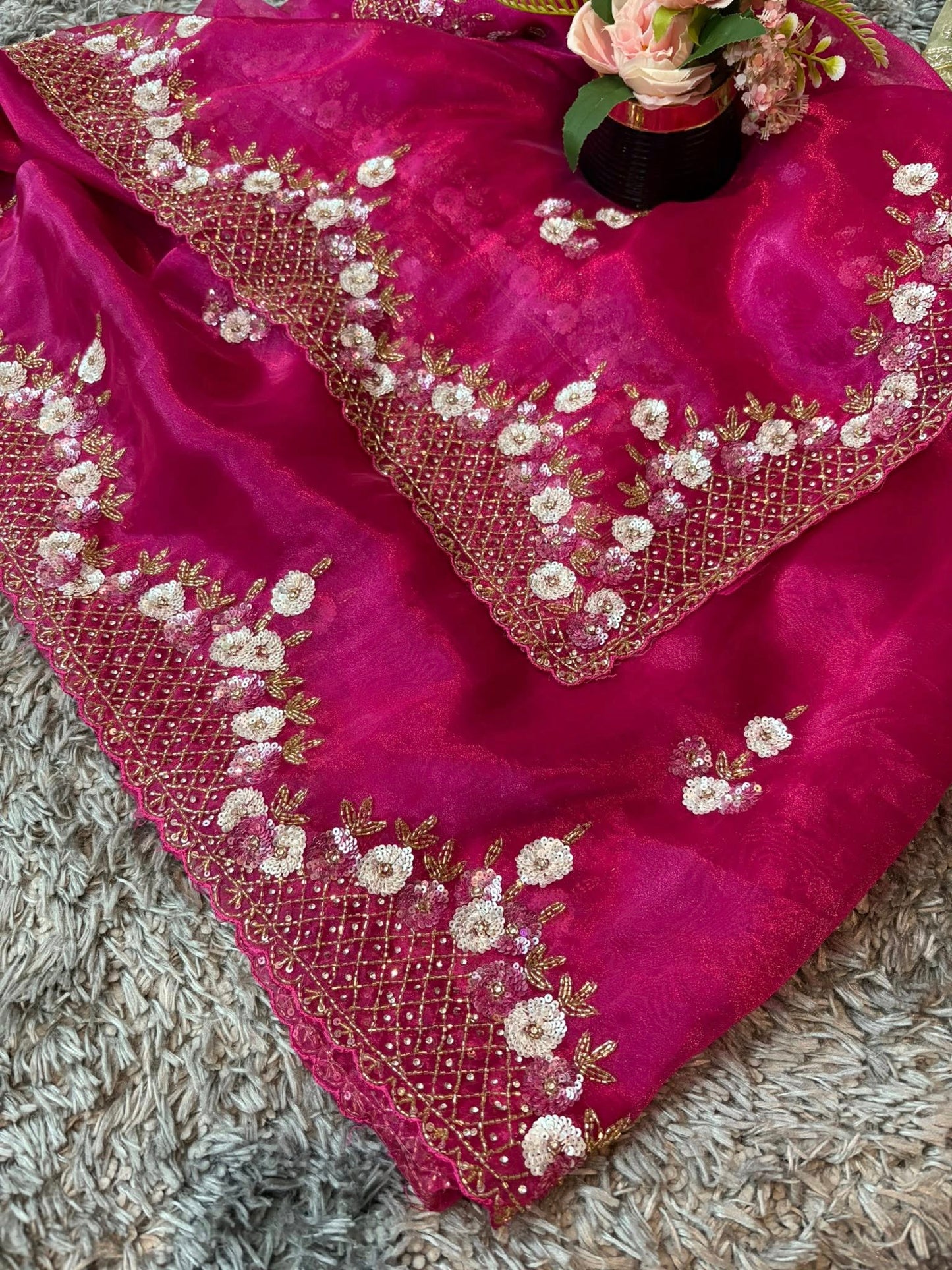 Handworked Tissue organza saree in triangle motif