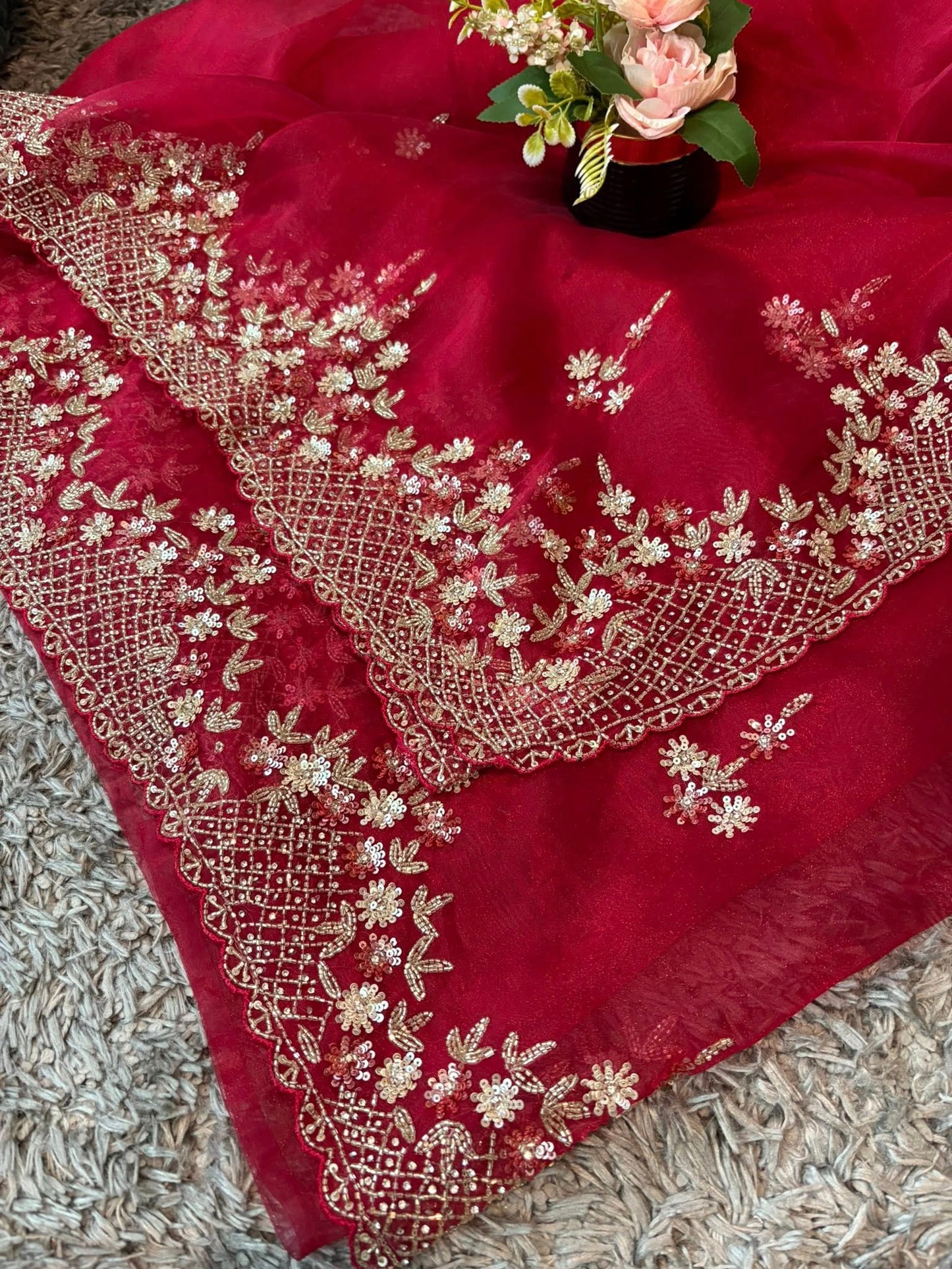 Handworked Tissue organza saree in triangle motif