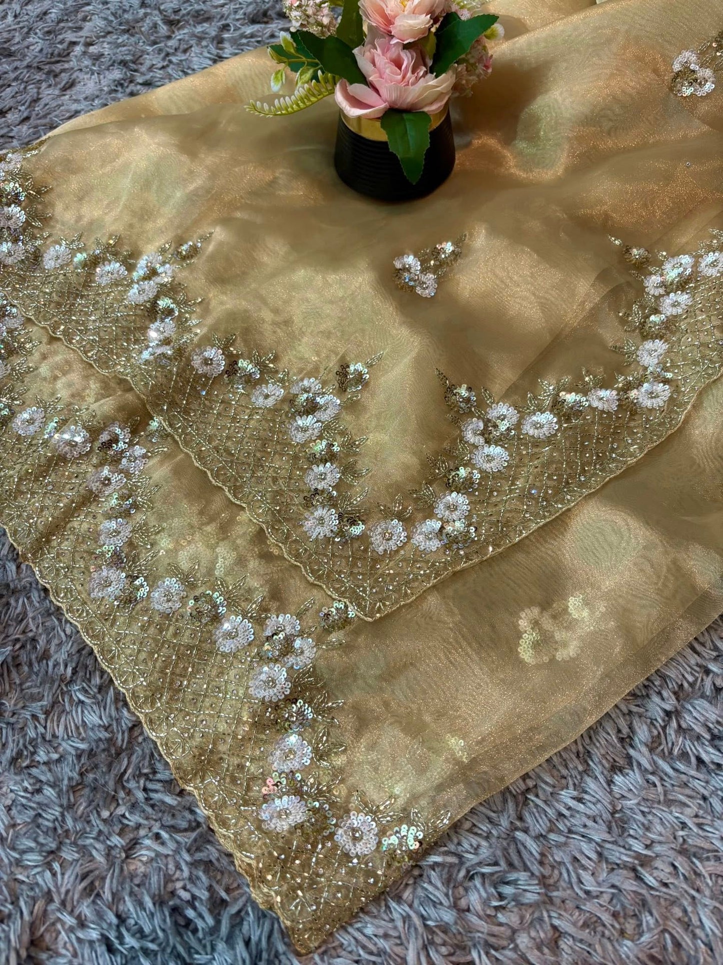 Handworked Tissue organza saree in triangle motif