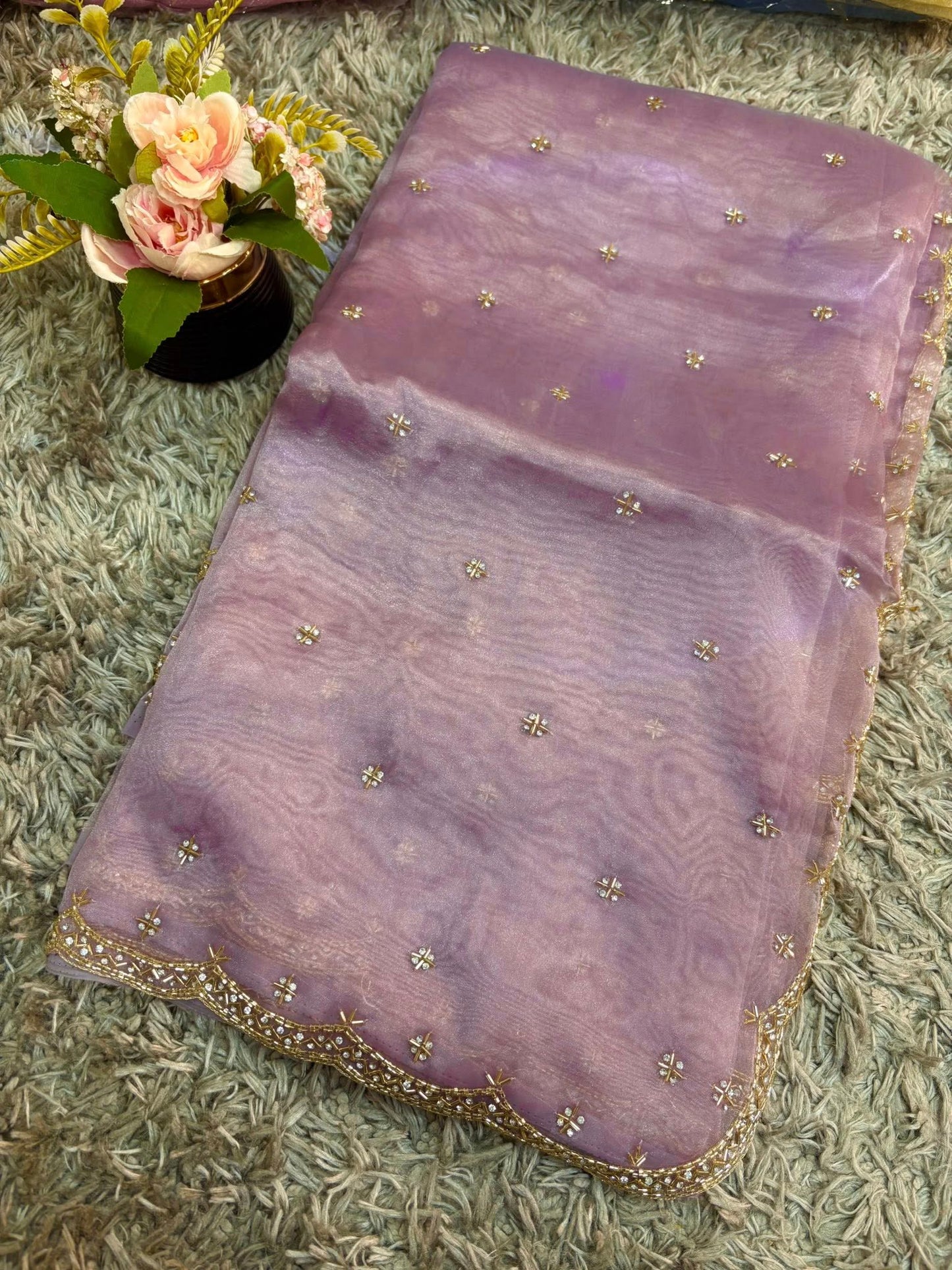 Handworked tissue organza sarees with allover floral butta