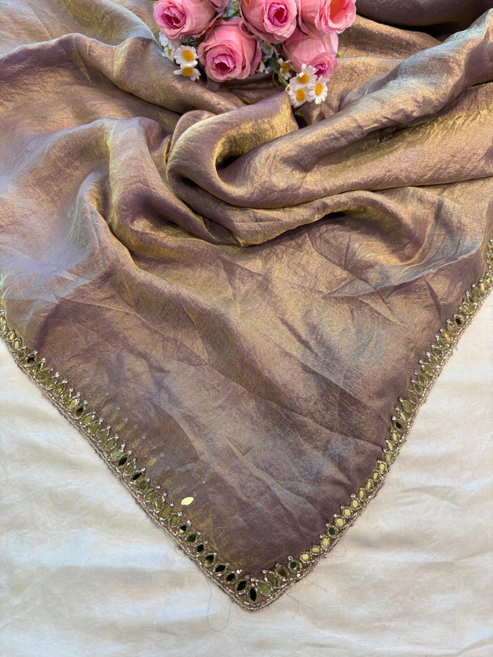Kajal Fendy Satin Saree with Real Mirror, Cutdana & Zircon Stone Work