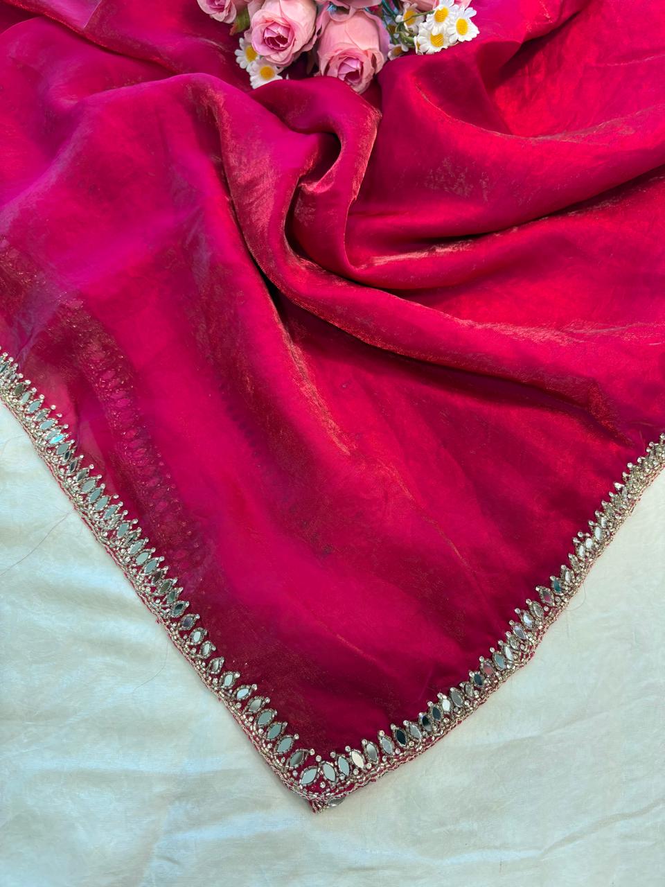 Kajal Fendy Satin Saree with Real Mirror, Cutdana & Zircon Stone Work