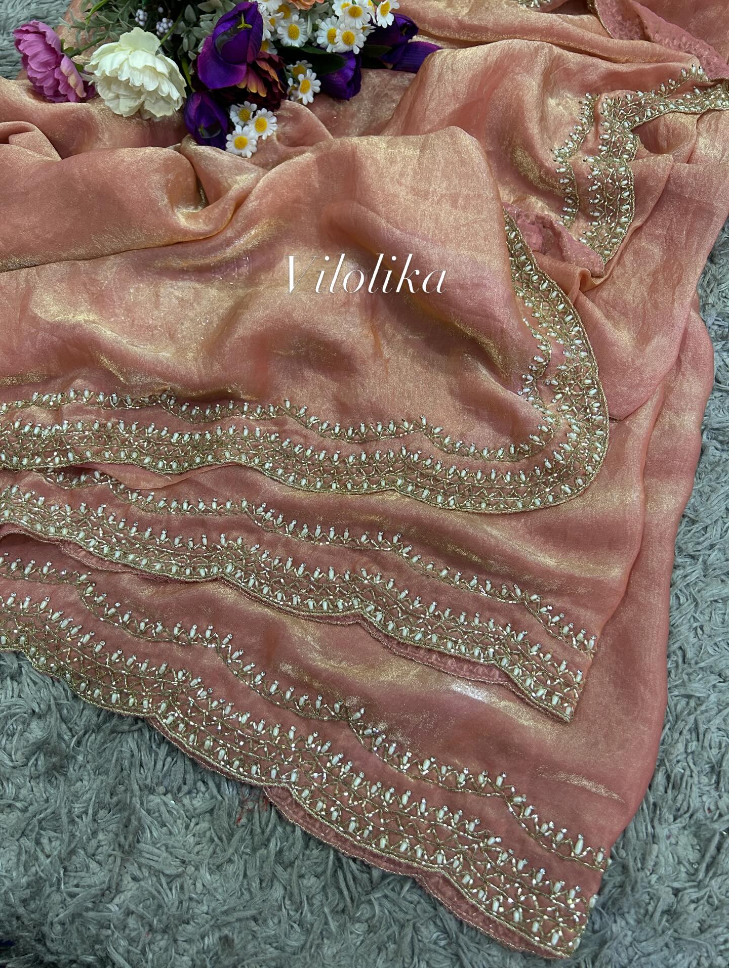 Rosy Handworked Fendy Satin Saree
