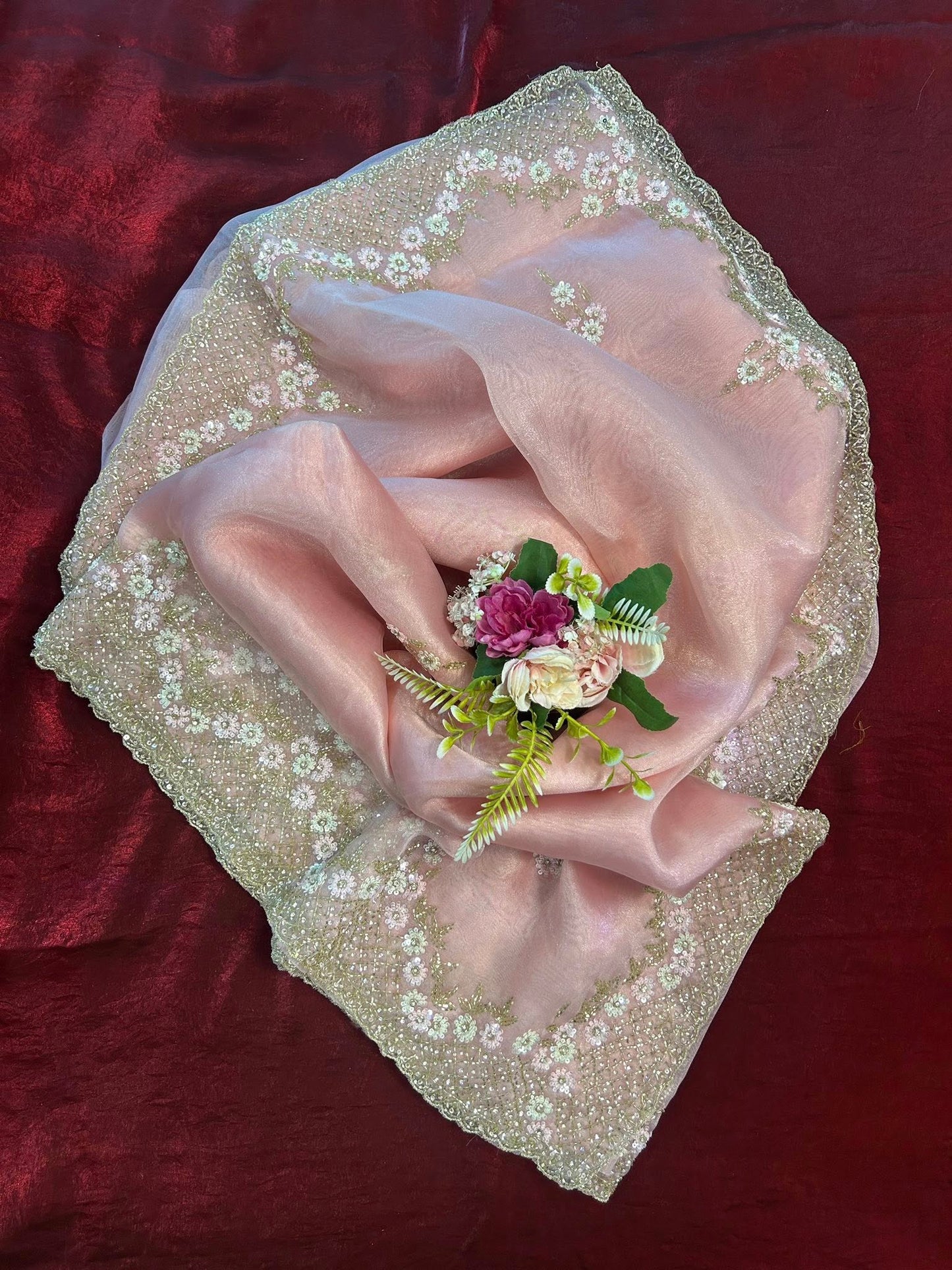 Handworked Tissue organza saree in triangle motif