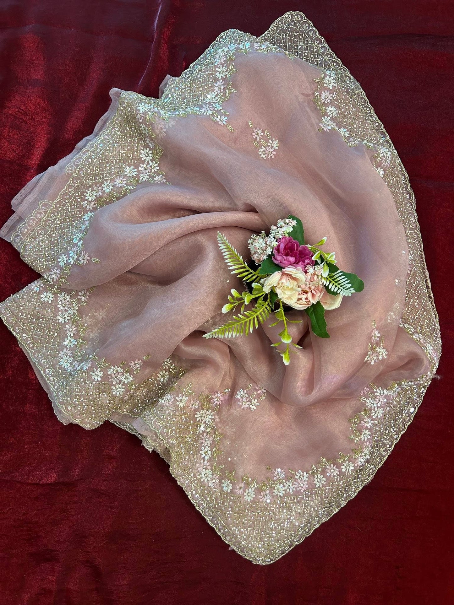 Handworked Tissue organza saree in triangle motif
