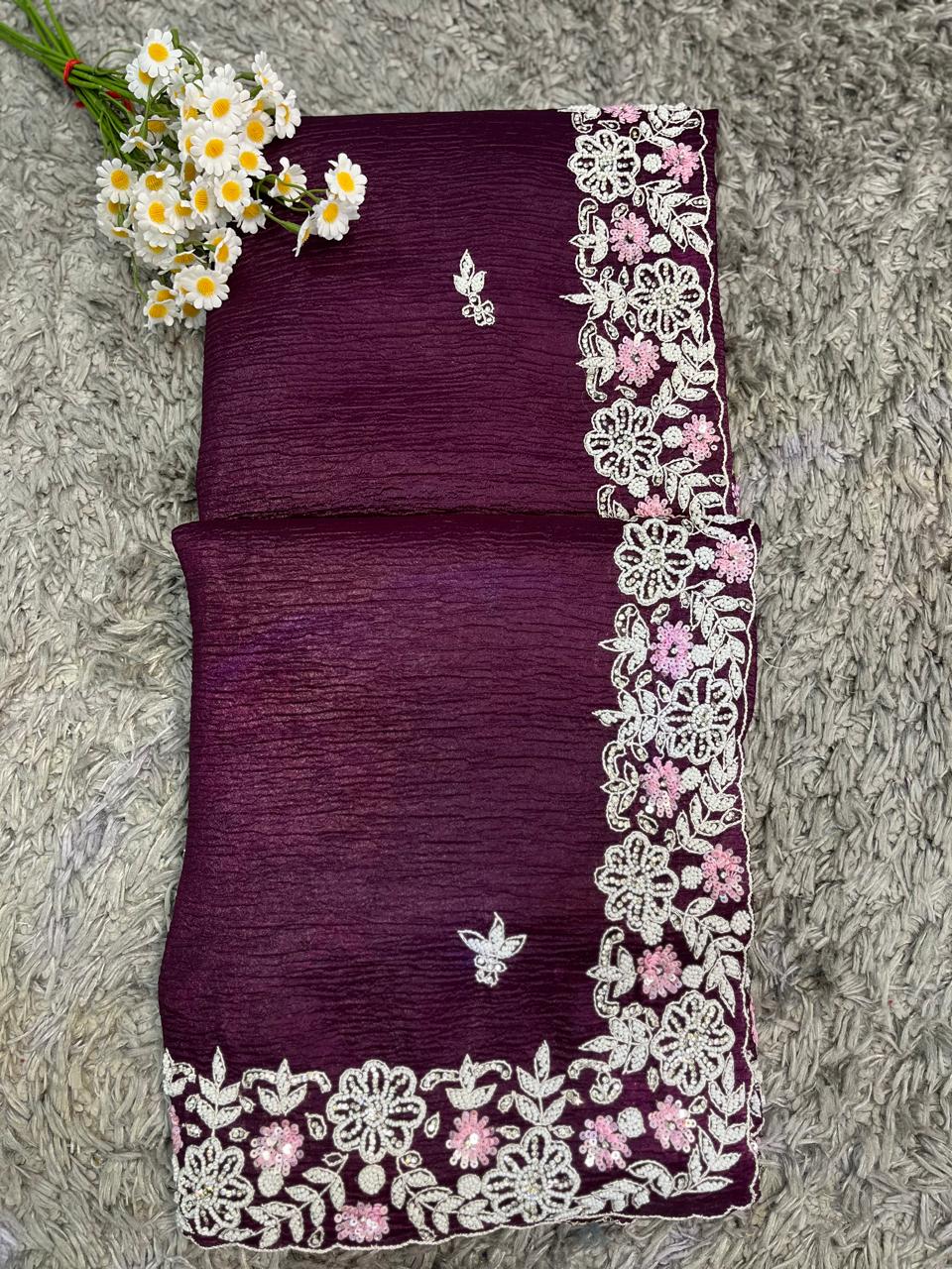 Shrishti Handworked Pure Crush Tissue sarees with pearl border