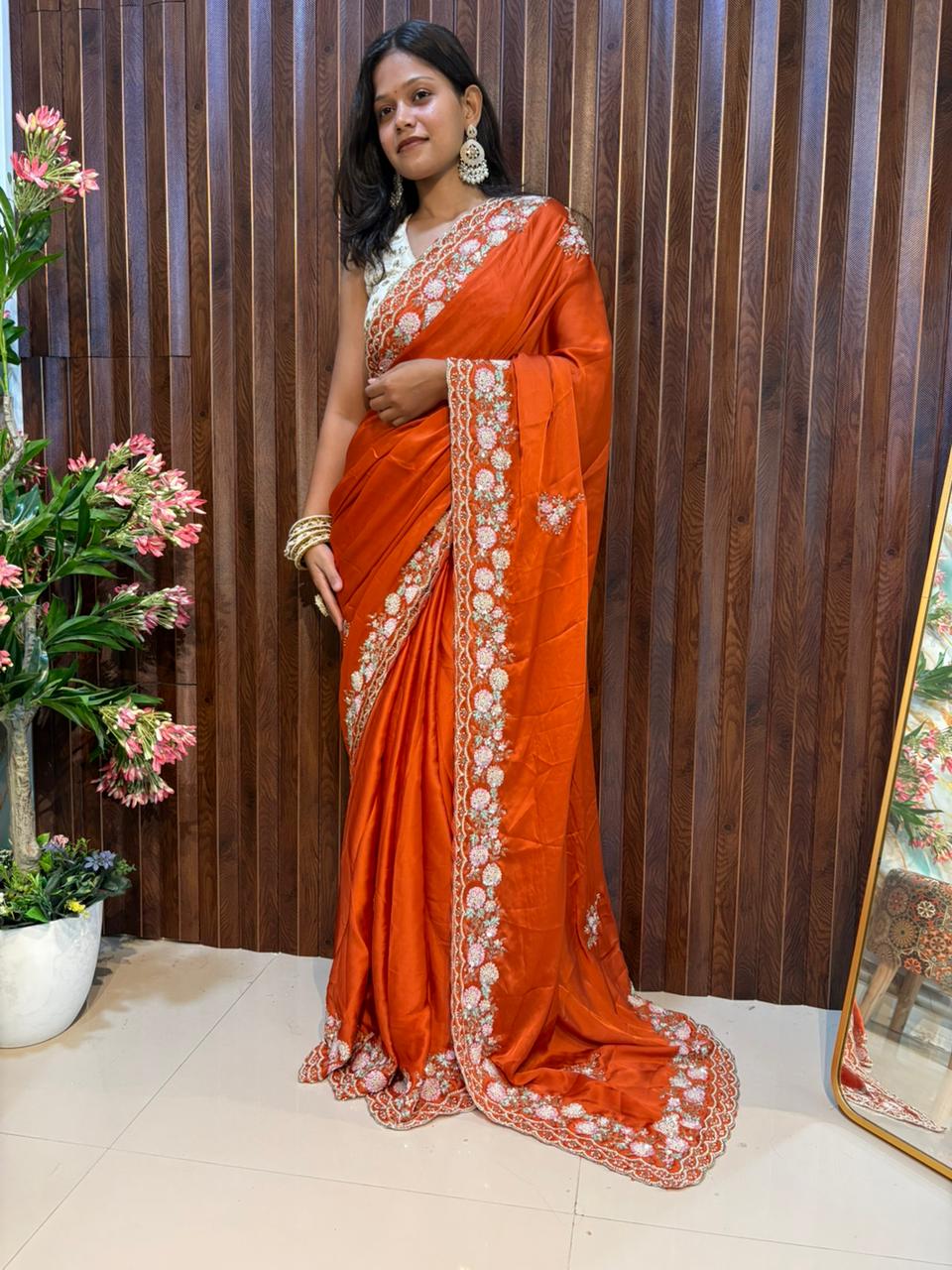Sundori Premium Satin Saree with exclusive handwork