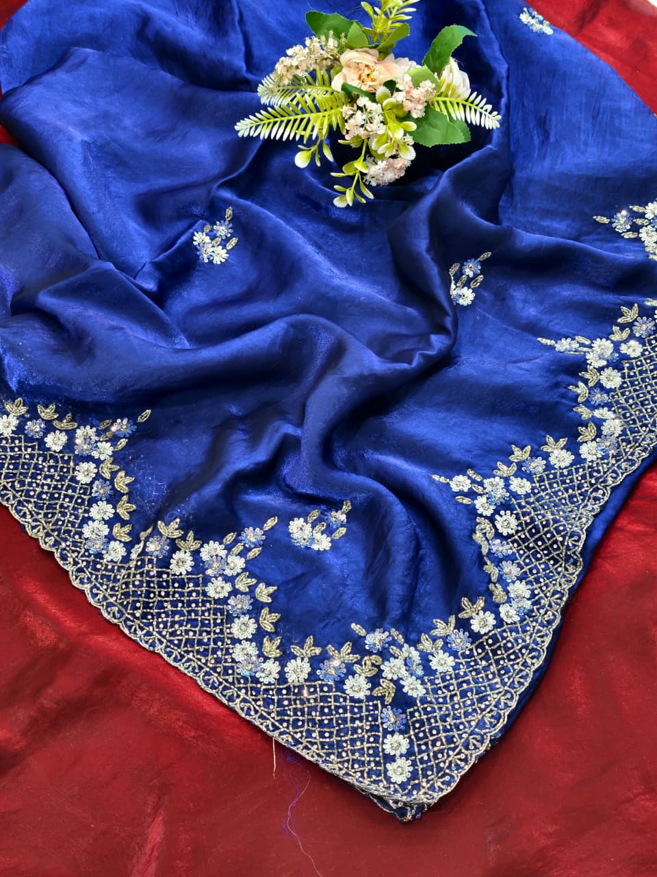 Exclusive Fendy Satin Saree with Hand-worked Triangle Motif